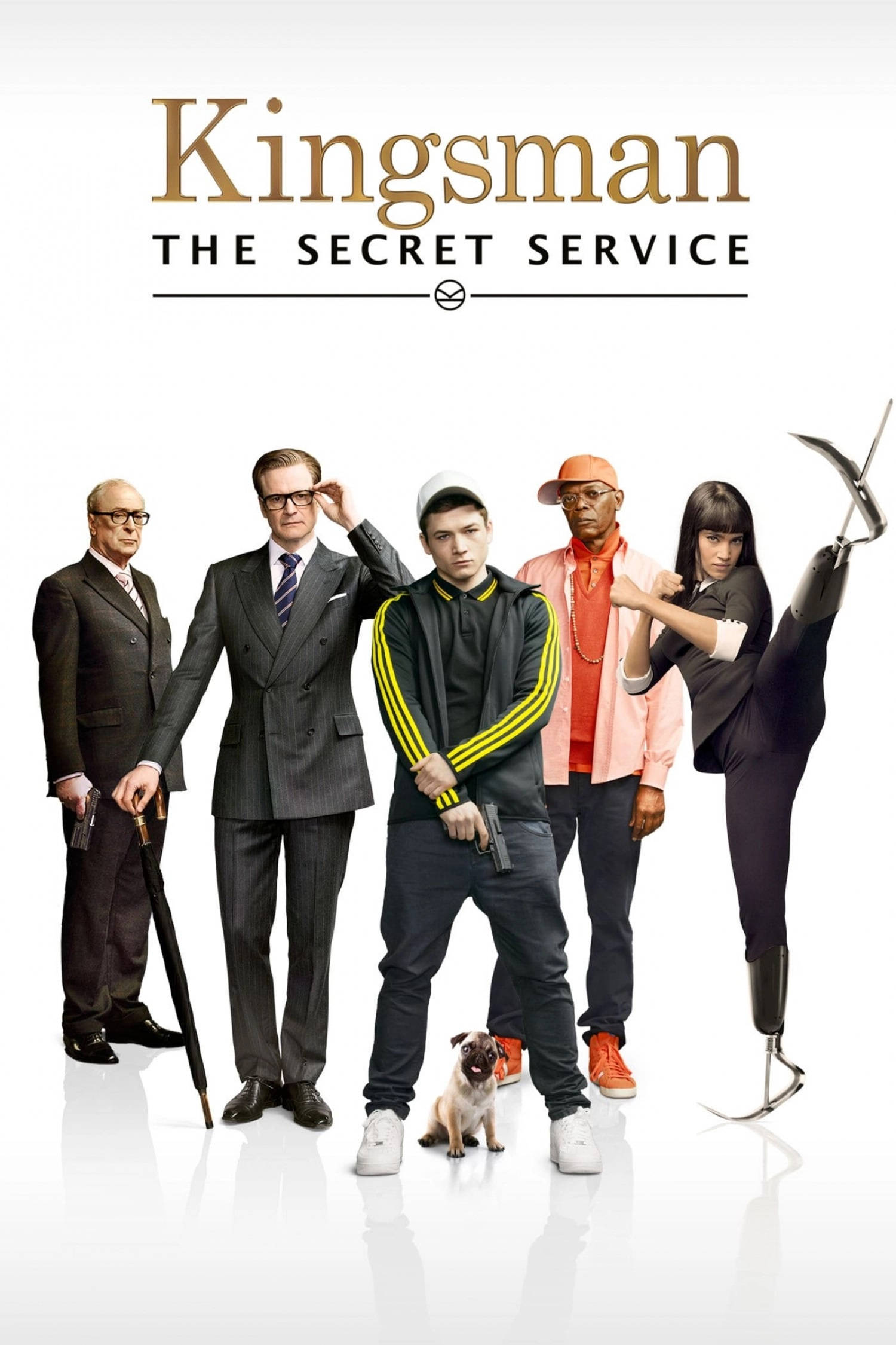 電影動圖 桌布 壁紙 — 六位穿著時尚的 Kingsman 特務自信地站在純白背景前，腳邊有一隻小巴哥犬。