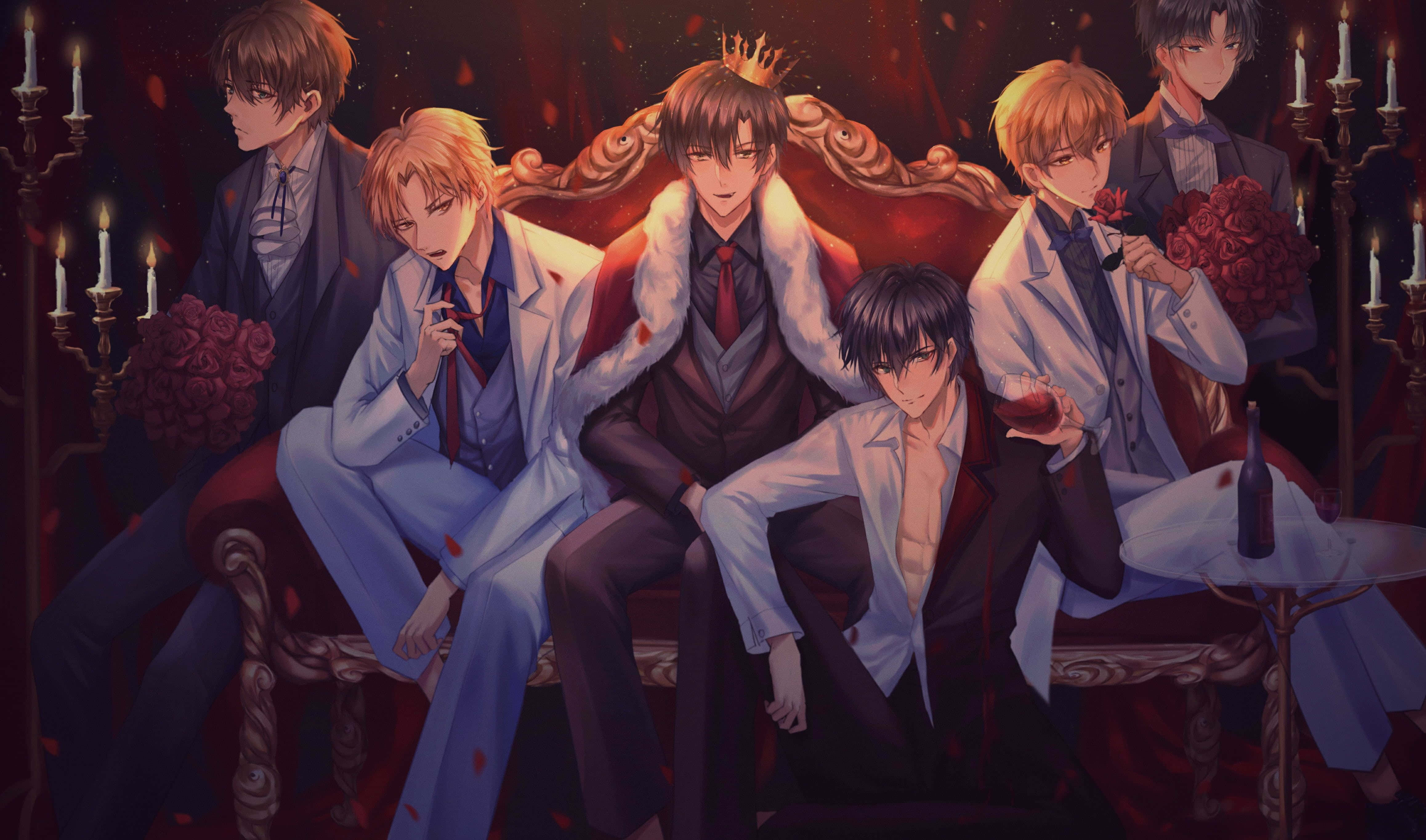Hot Anime 桌布 壁紙 — 六位穿著正裝的動畫男性在華麗的紅色寶座上休憩，周圍有飄落的玫瑰花瓣和燭光。