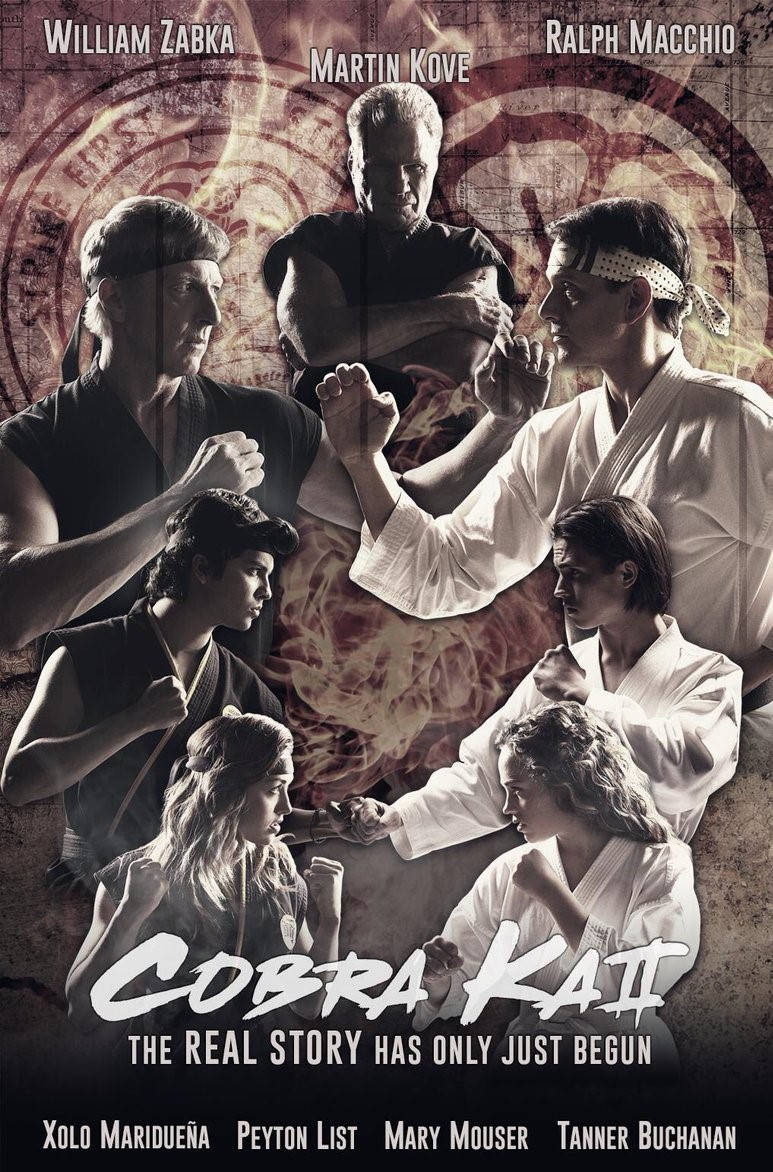 Cobra Kai Phone 桌布 壁紙 — 六位穿著道服的武術家，在火焰圓形徽章背景下擺出動態姿勢。