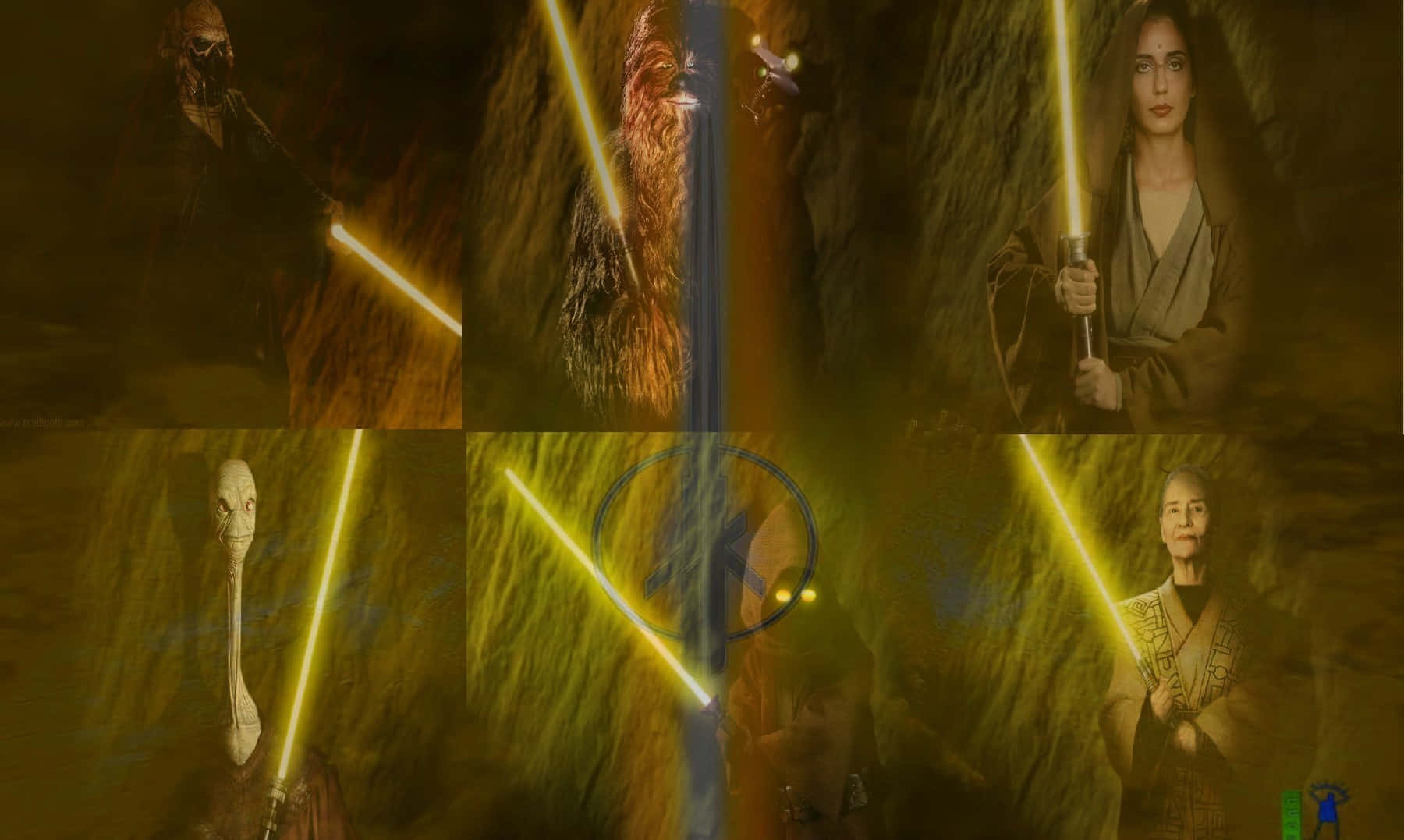 Jedi Knight 桌布 壁紙 — 六位絕地與西斯角色在昏暗的岩石洞穴中揮舞著發光的黃色光劍。