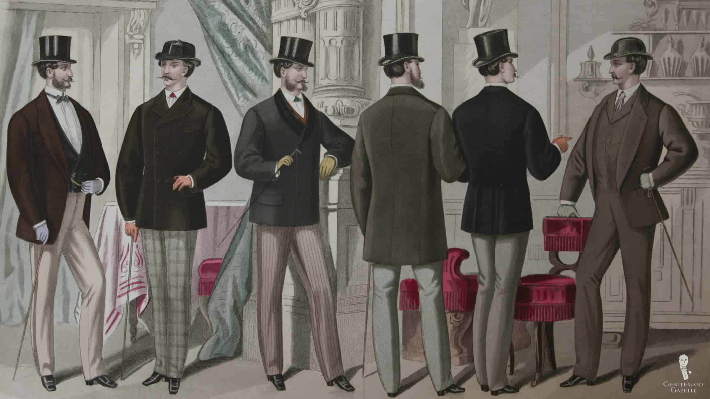 Victorian 桌布 壁紙 — 六位衣著得體、戴著高帽、穿著正式西裝的男士站在華麗的房間裡，展示不同的剪裁風格。