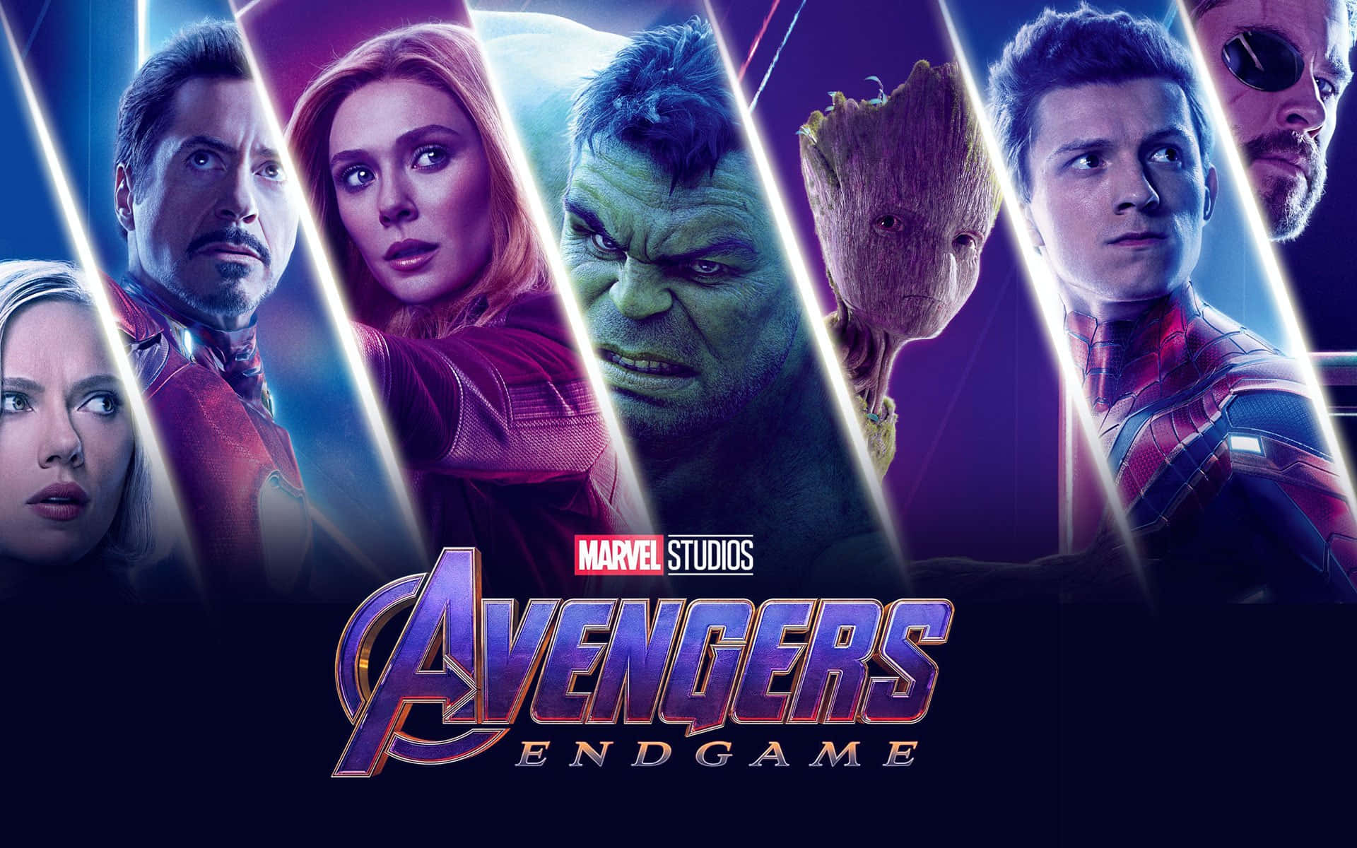 Endgame 桌布 壁紙 — 六位超級英雄和一個樹狀生物站在戲劇性的對角光束中，背景是宇宙紫色背景，帶有復仇者聯盟4：終局之戰標誌。