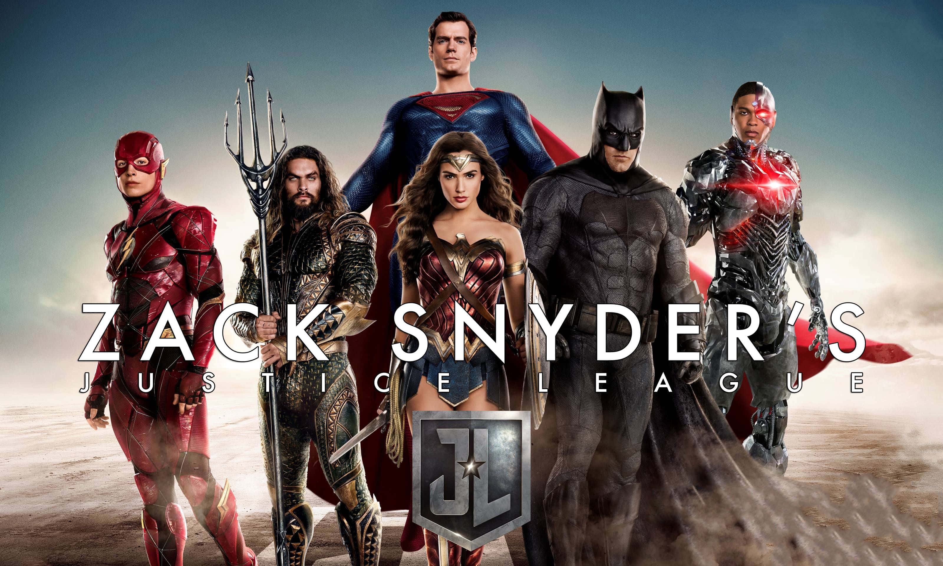 Zack Snyders Justice League 桌布 壁紙 — 六位超級英雄在塵土飛揚的戰場上英勇站立，天空多雲，並有醒目的電影標題覆蓋。