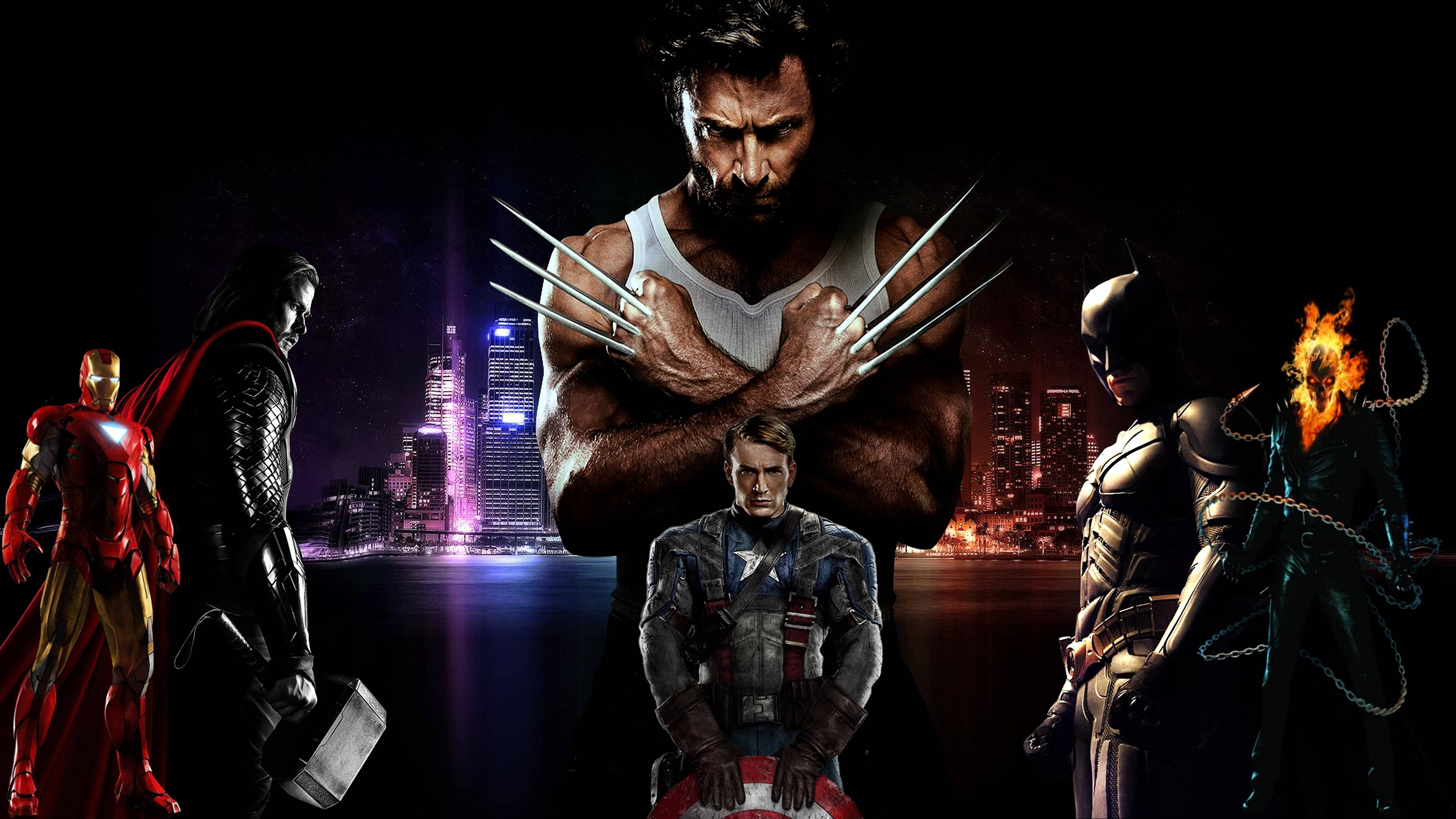 4K Marvel 壁紙 桌布 壁紙 — 六位超級英雄在夜晚站在發光的城市天際線前，帶有戲劇性的燈光和強烈的表情。