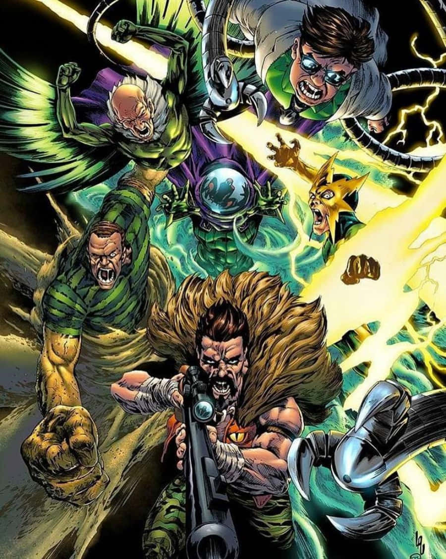 Supervillain Team-up 桌布 壁紙 — 六位超級英雄在戰鬥中的動態漫畫插圖，帶有發光能量效果和強烈的面部表情。