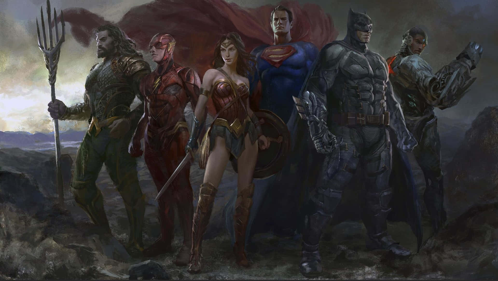 正義聯盟 桌布 壁紙 — 六位超級英雄在戲劇性燈光的暴風雨天空下，英勇地站在岩石懸崖上。