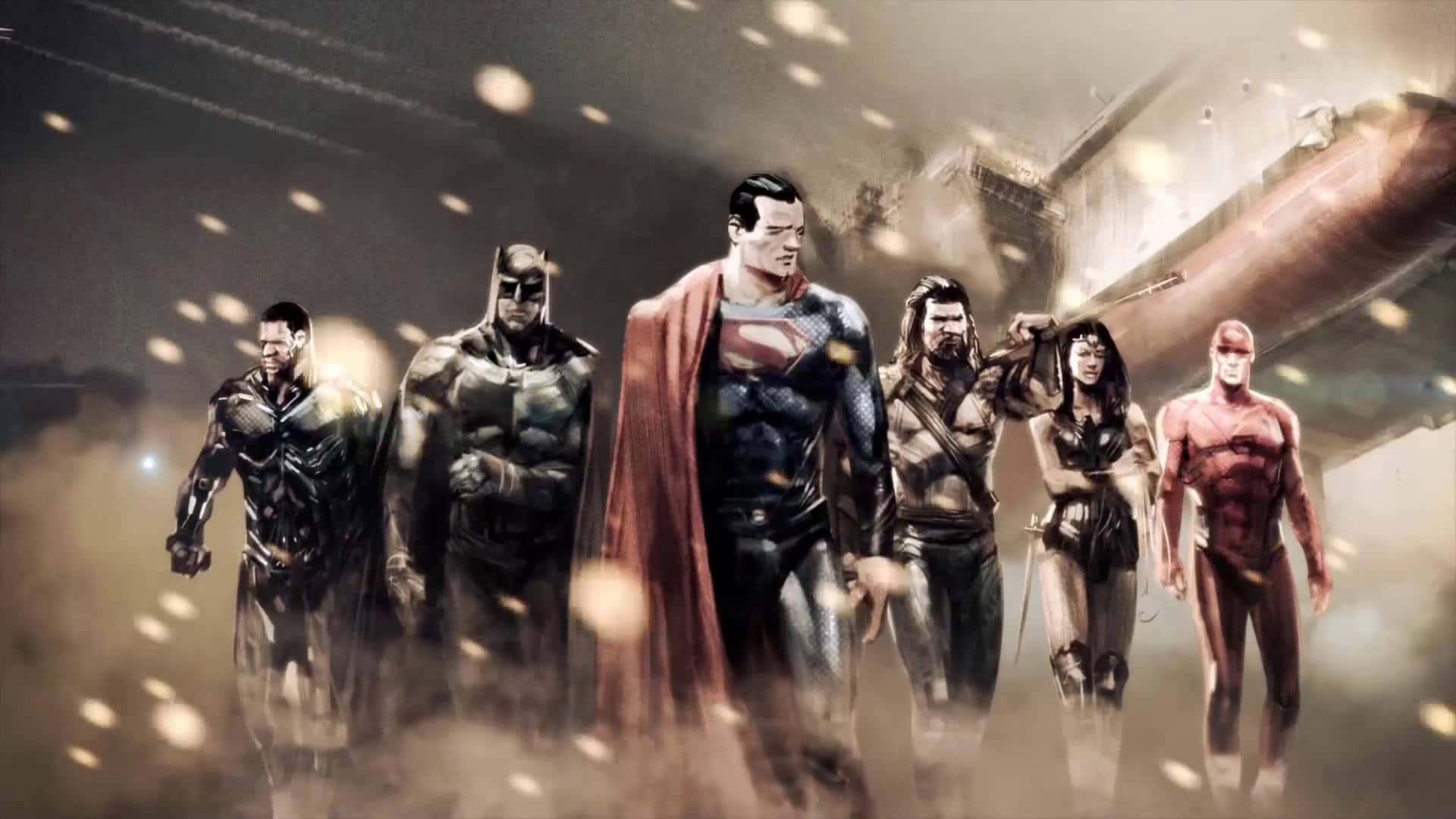 Zack Snyders Justice League 桌布 壁紙 — 六位超級英雄在煙霧瀰漫的戰場上英勇站立，周圍有碎片和發光粒子旋轉。