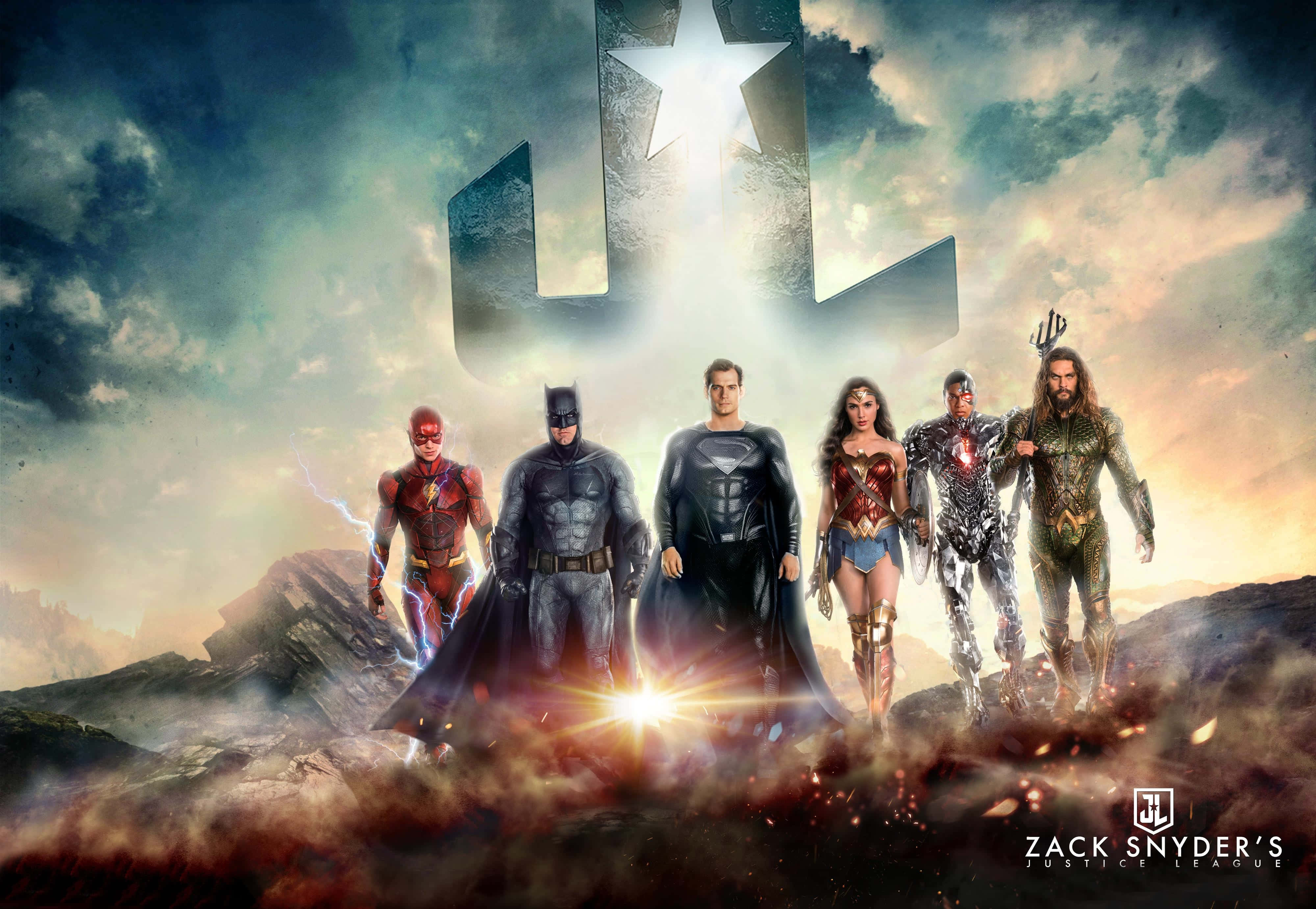 Zack Snyders Justice League 桌布 壁紙 — 六位超級英雄英勇地站在岩石峭壁上，下方是發光的正義聯盟標誌，背景是暴風雨的天空。