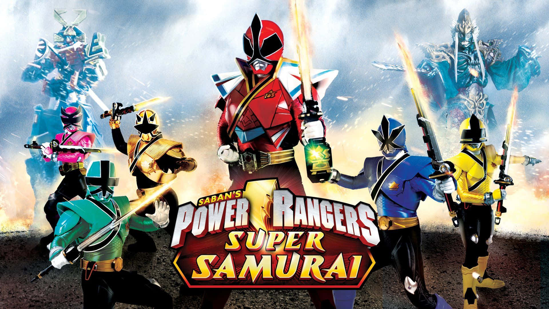 金剛戰士 桌布 壁紙 — 六位身穿彩色盔甲的Power Rangers手持發光劍，在暴風雨的天空下準備就緒，身後有巨大的怪物潛伏。