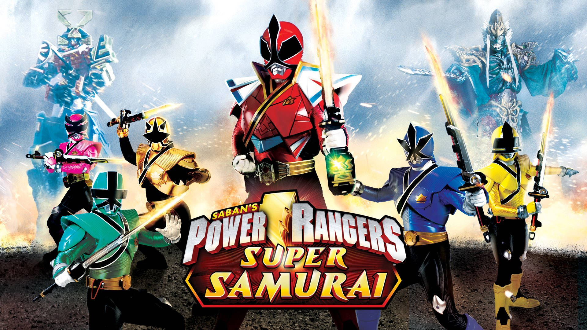 Power 桌布 壁紙 — 六位身穿彩色盔甲的Power Rangers手持發光劍，在暴風雨背景下準備就緒，身後有一個巨大的怪物若隱若現。