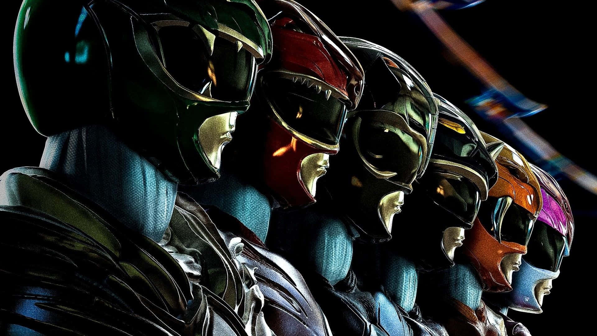 金剛戰士 桌布 壁紙 — 六位身穿彩色頭盔的Power Rangers在黑暗背景中排成一排，帶有發光點綴。