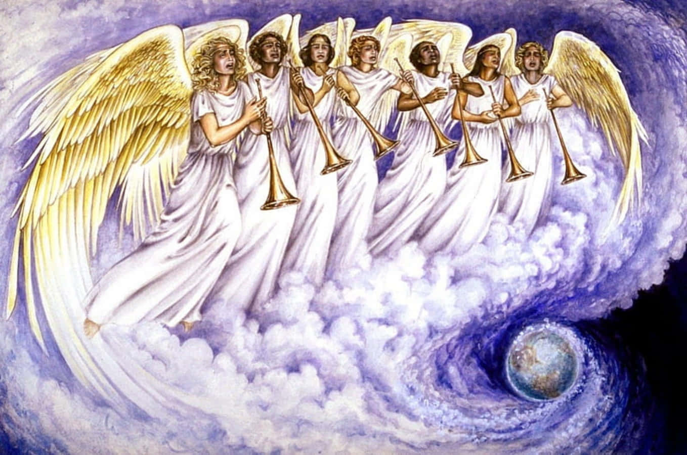 Angels Of God 桌布 壁紙 — 六位身穿白袍、金色翅膀的天使在旋轉的紫色雲層上方吹奏號角，地球在下方宇宙漩渦中旋轉。