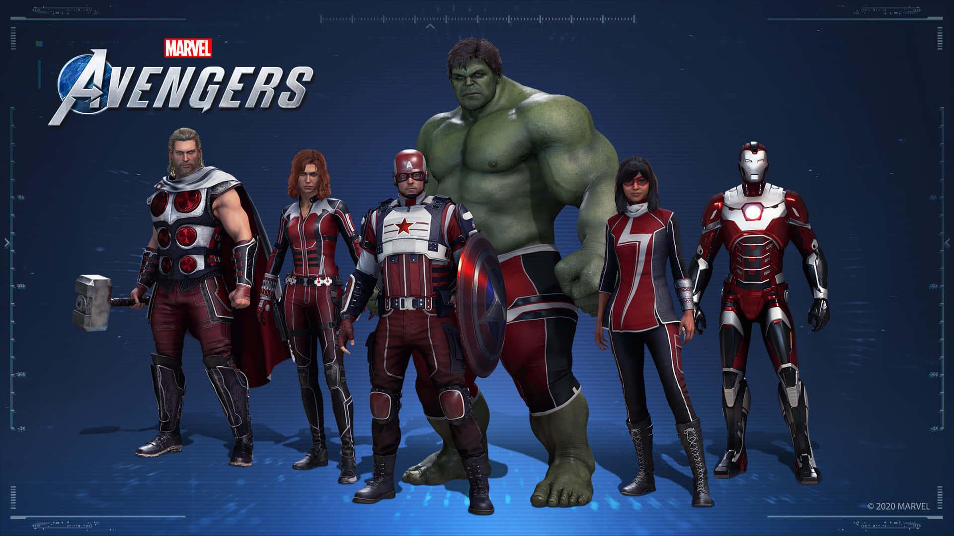 Secret Wars 桌布 壁紙 — 六位身穿紅色和銀色戰衣的Marvel Avengers英雄自信地站在數位藍色網格背景前。