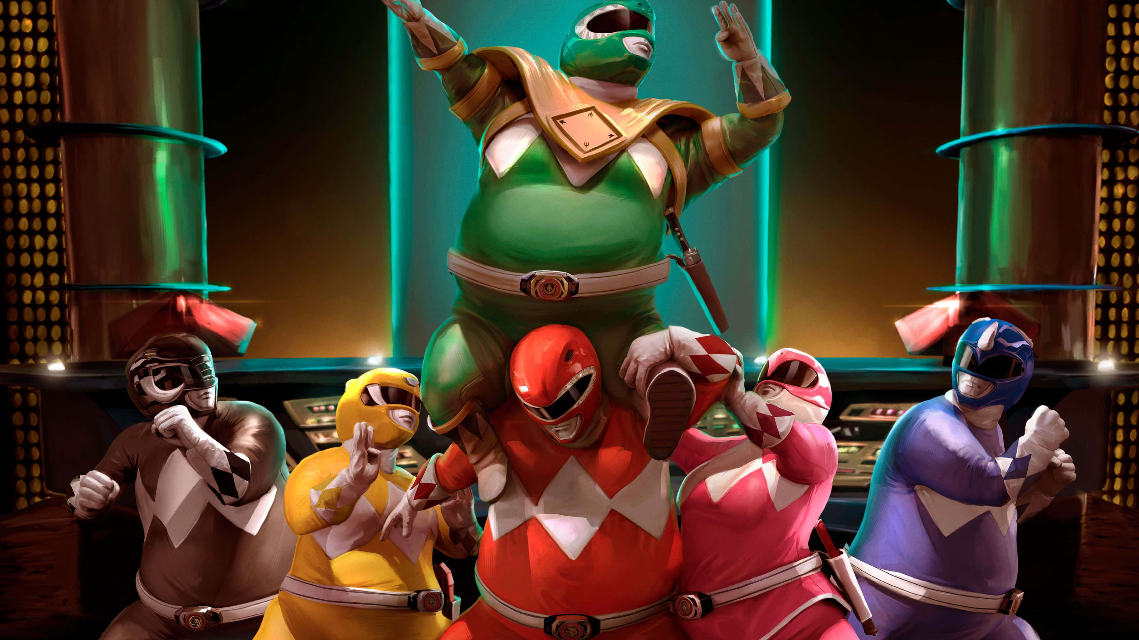 金剛戰士 桌布 壁紙 — 六位身穿色彩繽紛戰衣的Power Rangers在發光的指揮中心內擺出英雄姿勢。
