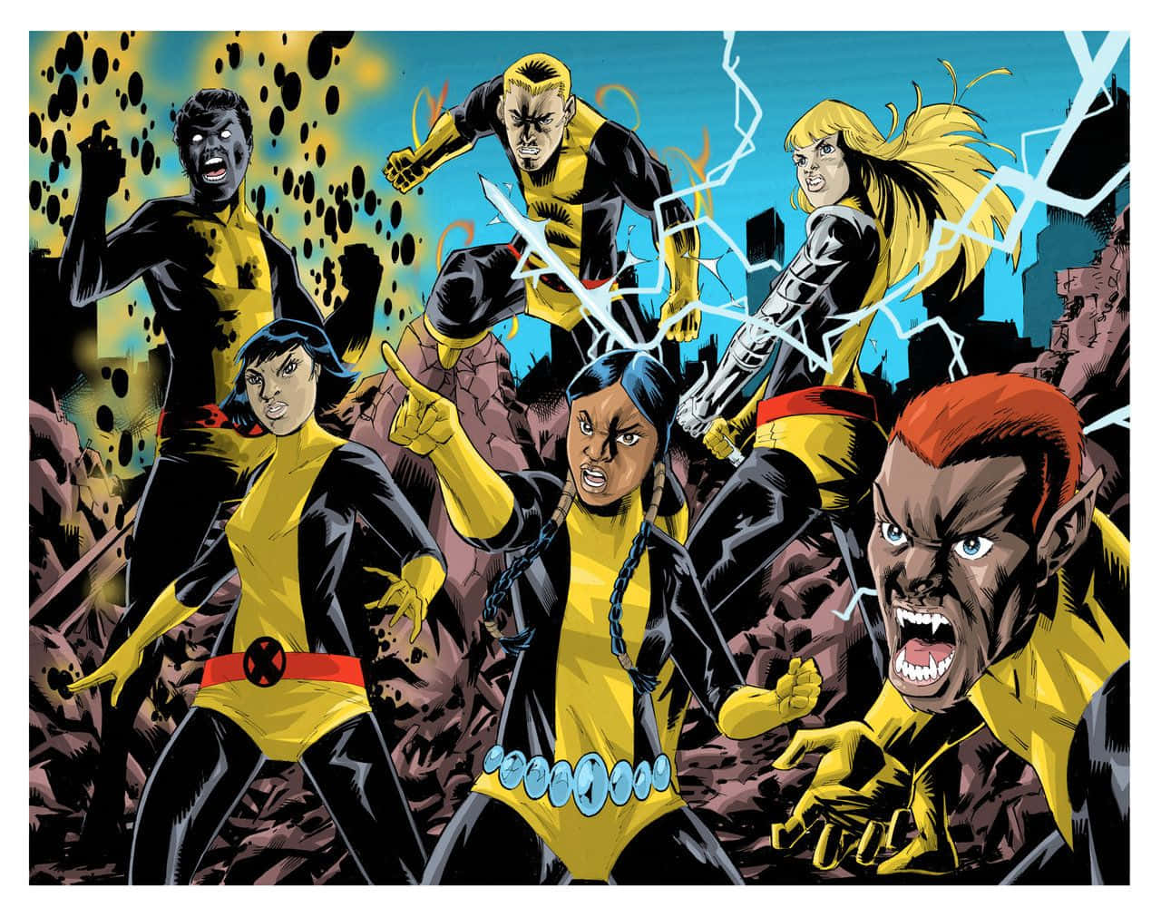 New Mutants 桌布 壁紙 — 六位身穿黃黑制服的X-MEN在破碎的城市背景下釋放能量與怒火。