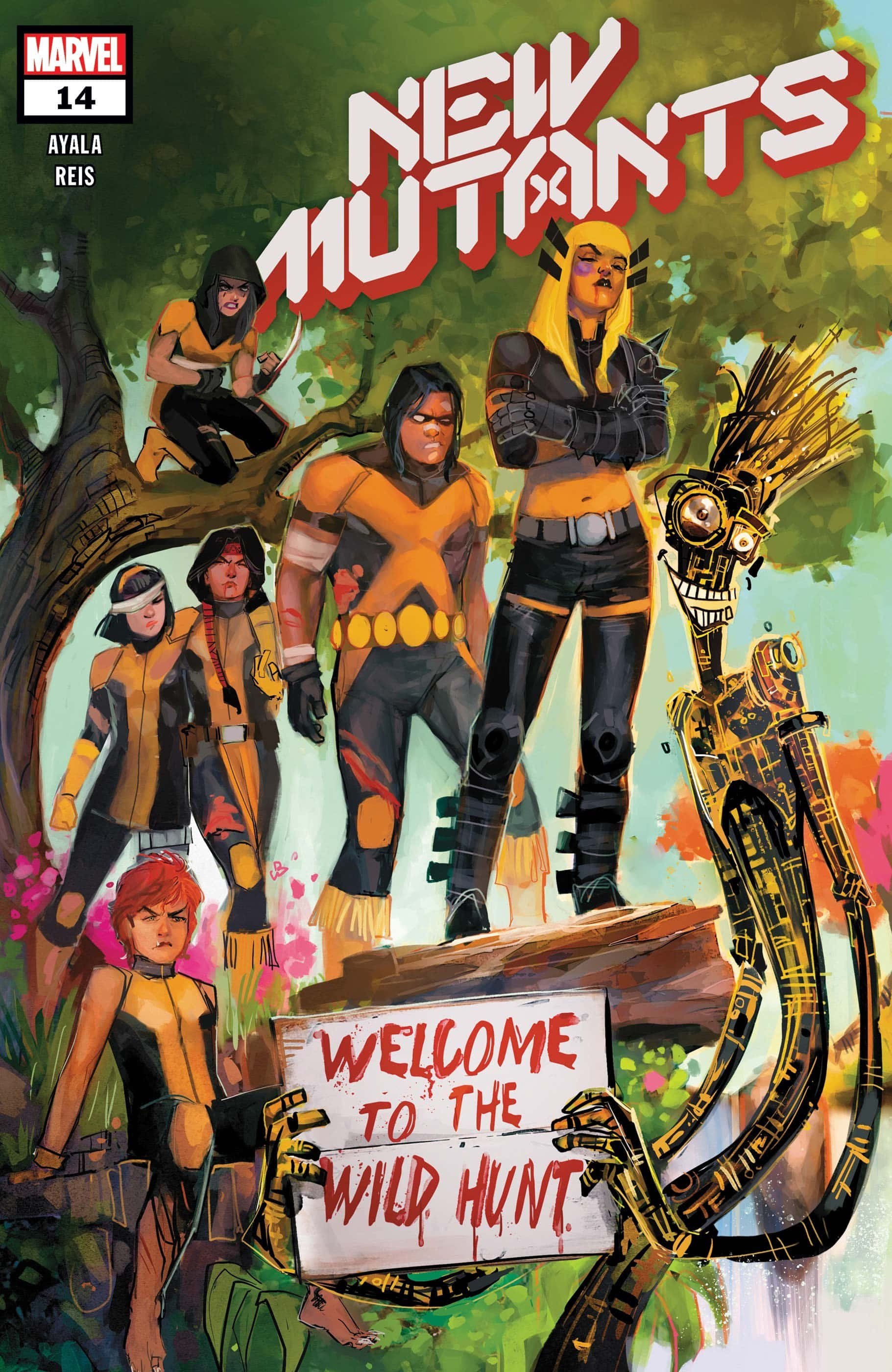 New Mutants 桌布 壁紙 — 六位身穿黃黑裝備的新變種人英雄，在茂密的森林中挑釁地站立，一個扭曲的生物舉著寫有「歡迎來到狂野狩獵」的標語牌。