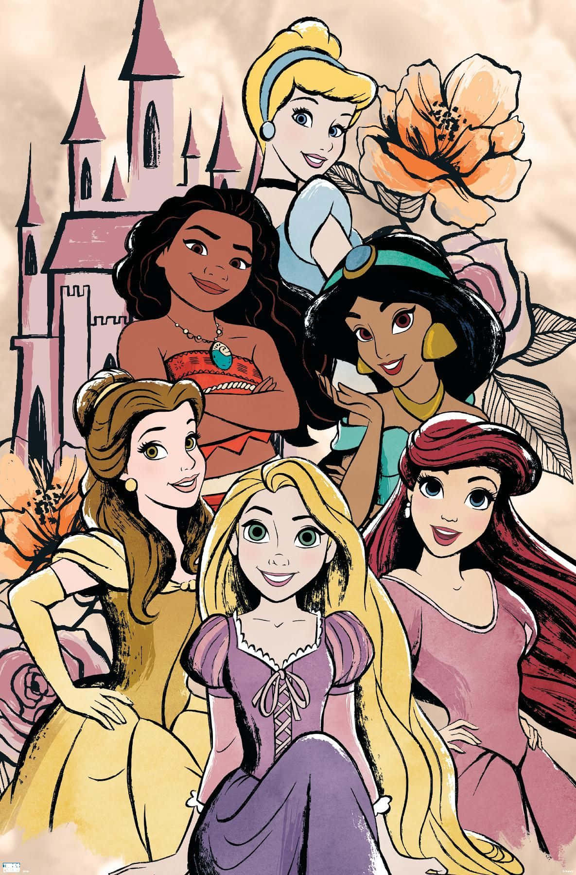 Princess 桌布 壁紙 — 六位迪士尼公主在色彩繽紛的插圖團體肖像中溫暖微笑，背景有城堡和花朵。