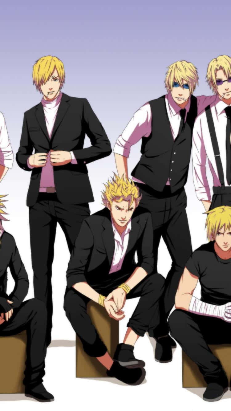 Sanji iPhone 桌布 壁紙 — 六位金髮動漫男性穿著帶有紫色點綴的黑色西裝，在柔和的紫色漸變背景前自信地擺姿勢。