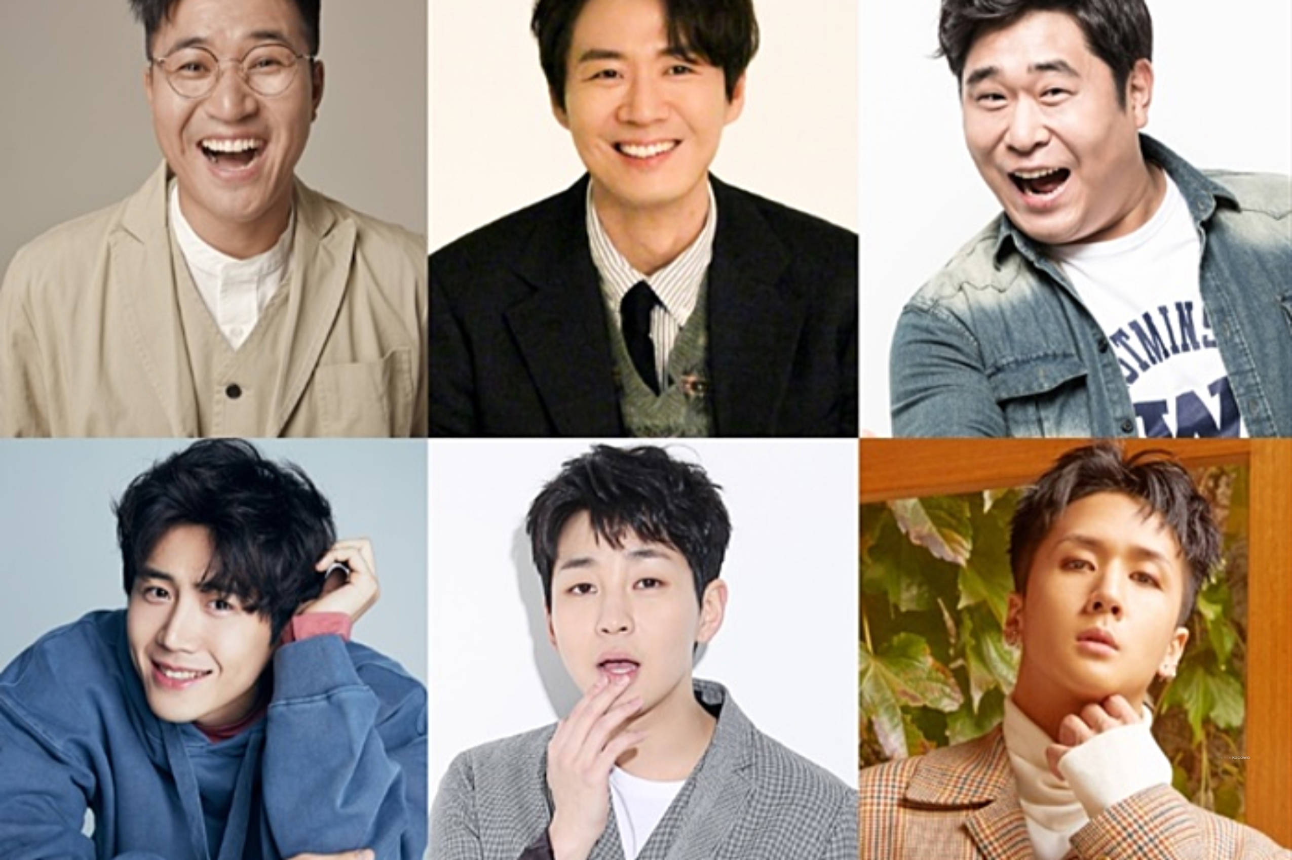 Kim Seon Ho 桌布 壁紙 — 六位韓國男明星在素色或樹葉背景前擺出愉快或沉思的表情。