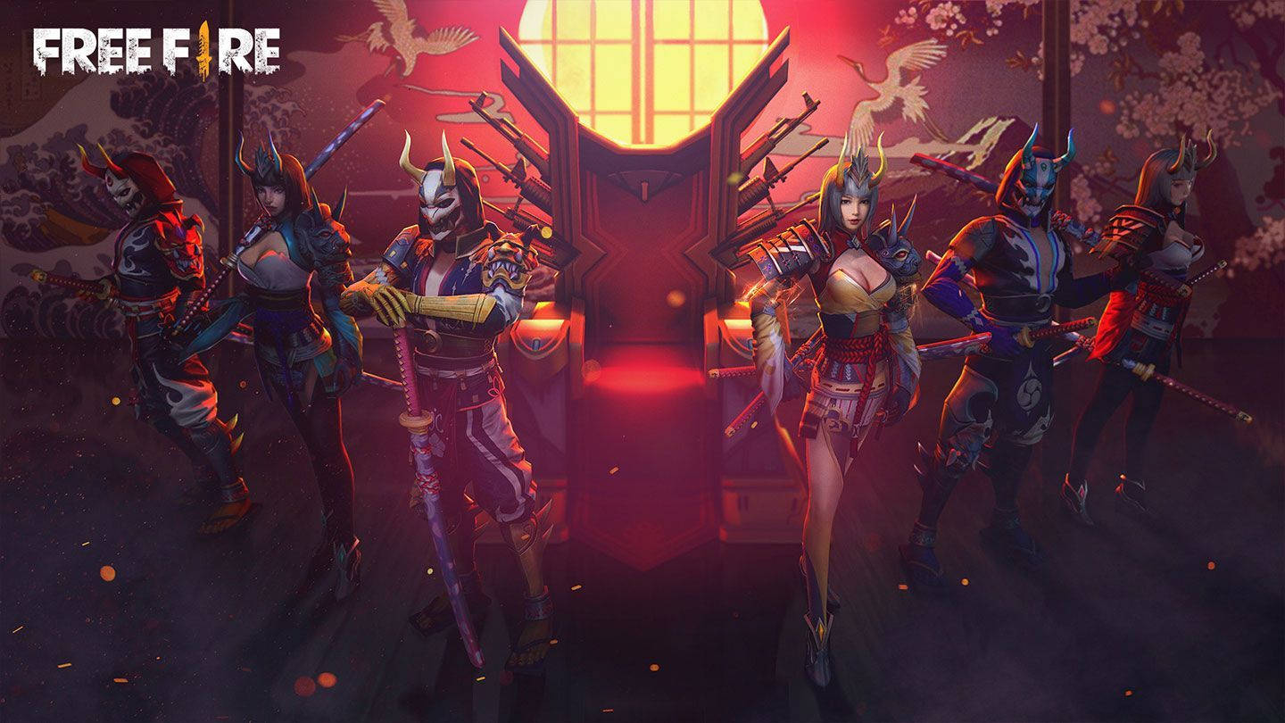 Garena 桌布 壁紙 — 六位風格化的武士穿著華麗盔甲，在櫻花背景下，於發光的紅日下持劍擺出姿勢。
