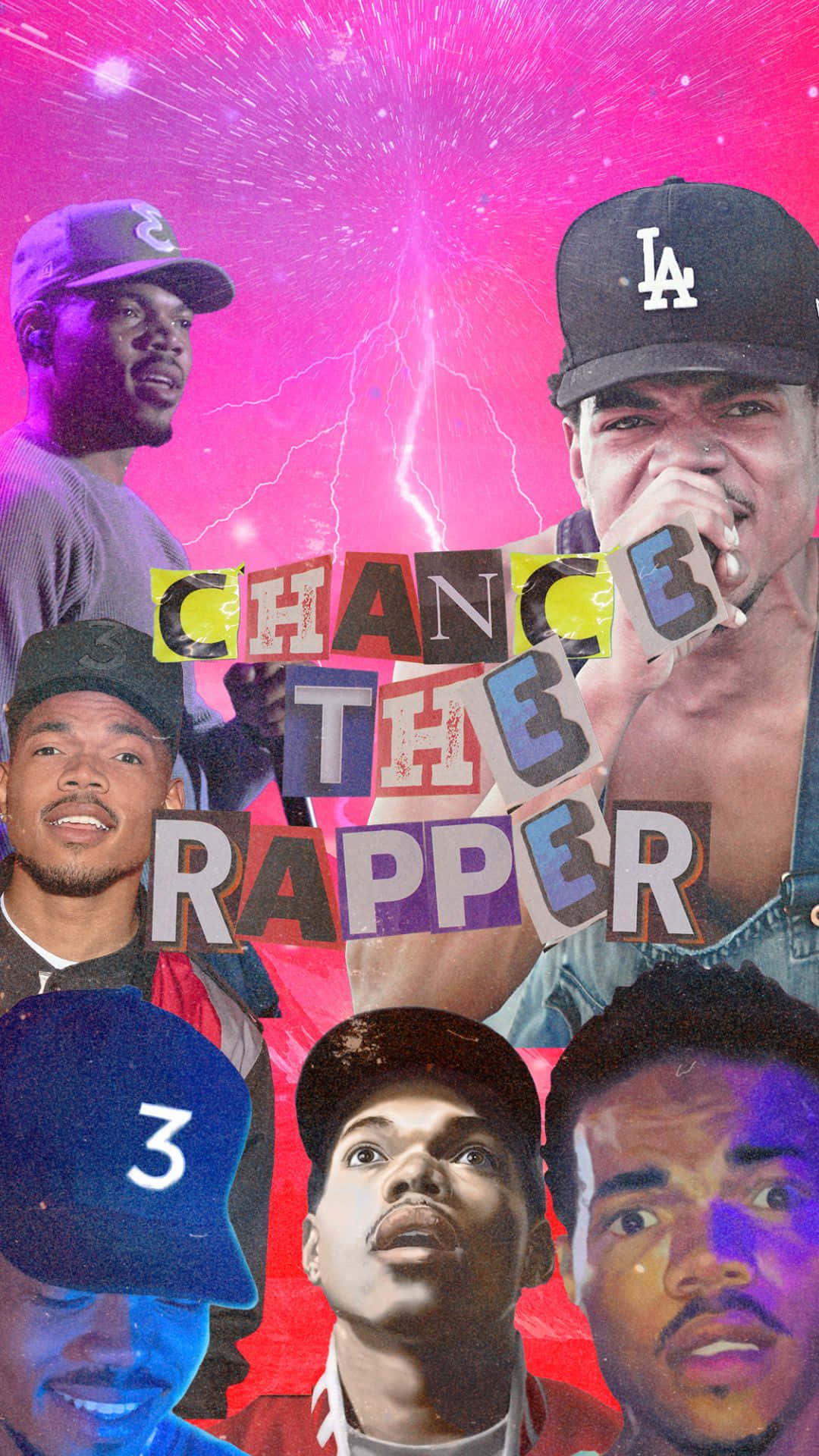 Rapper Collage 桌布 壁紙 — 六位饒舌歌手的鮮明拼貼，背景為粉紅色宇宙，帶有閃電和粗體文字「CHANGE THE RAPPER」。