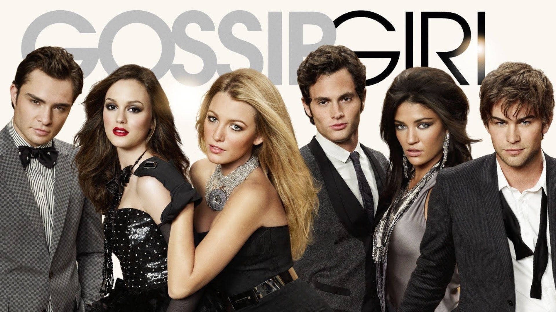 Gossip 桌布 壁紙 — 六位魅力四射的演員穿著正式服裝，在白色背景前自信地擺姿勢，並帶有《花邊教主》標誌。
