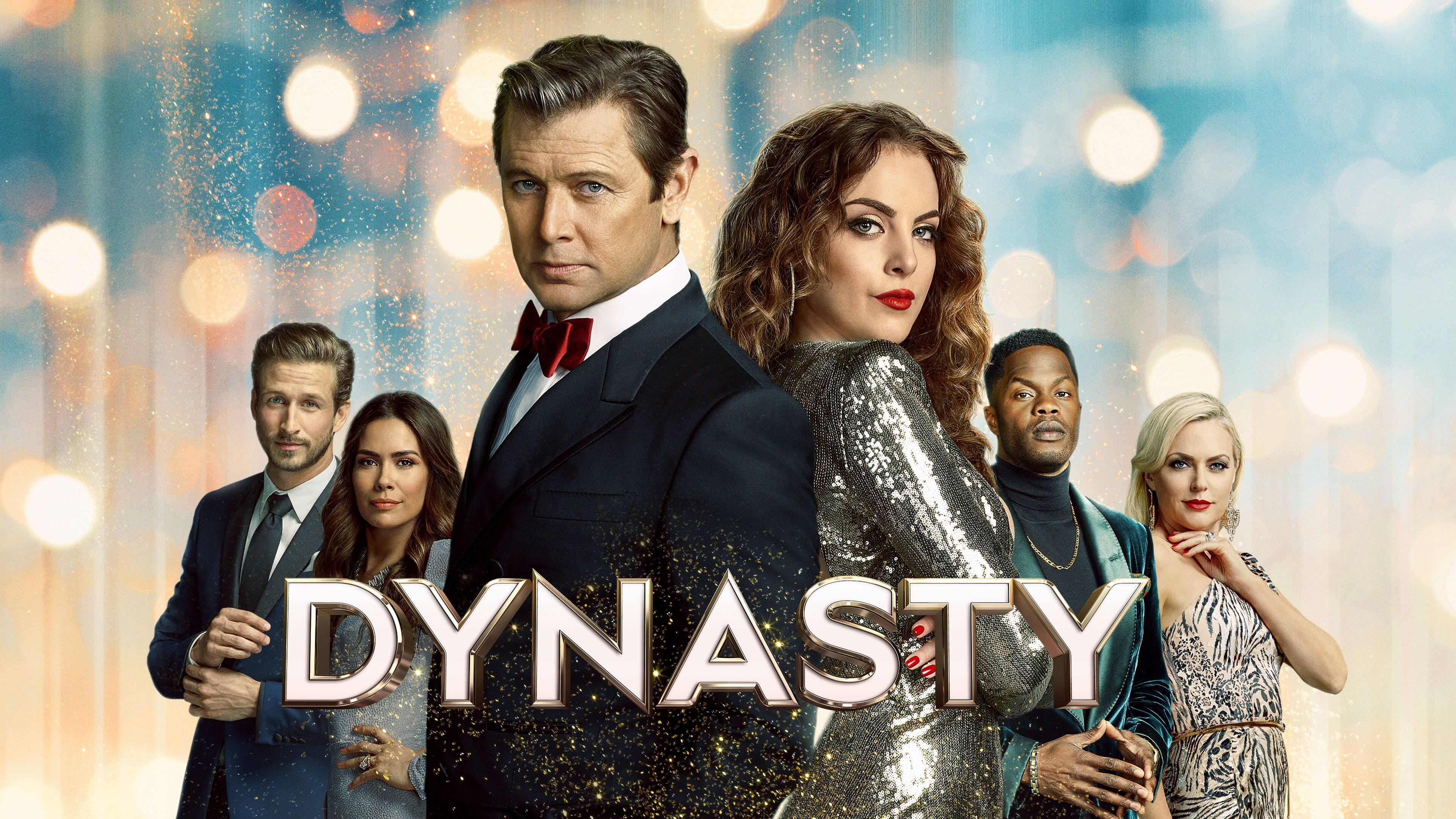 Dynasty 桌布 壁紙 — 六位魅力四射的演員穿著正式服裝，在閃爍的散景背景前自信地擺姿勢，下方閃耀著Dynasty的標題。