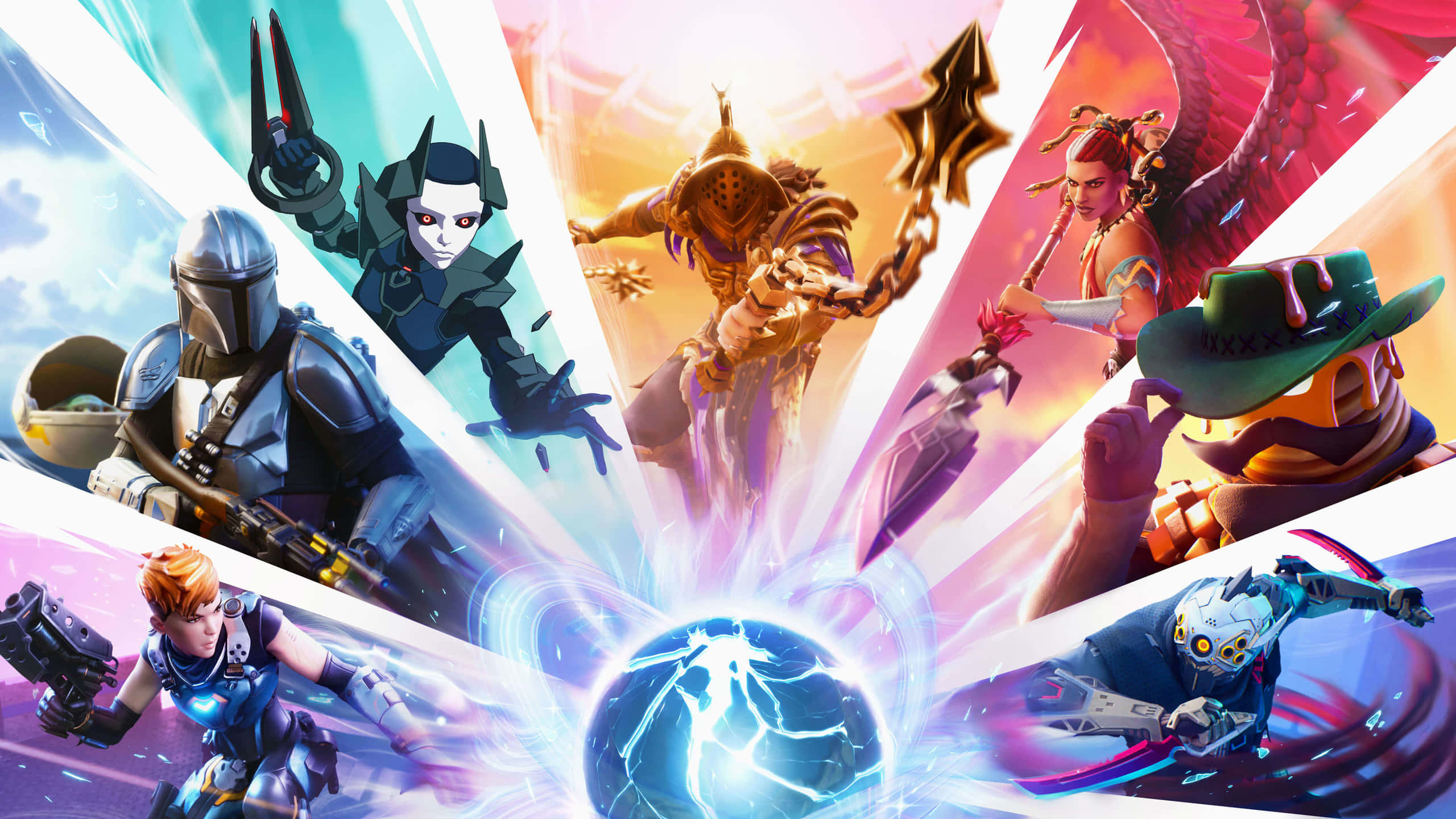 Fortnite 桌布 壁紙 — 六個《Fortnite》角色以動感姿勢從發光球體散發能量，背景充滿活力與色彩。