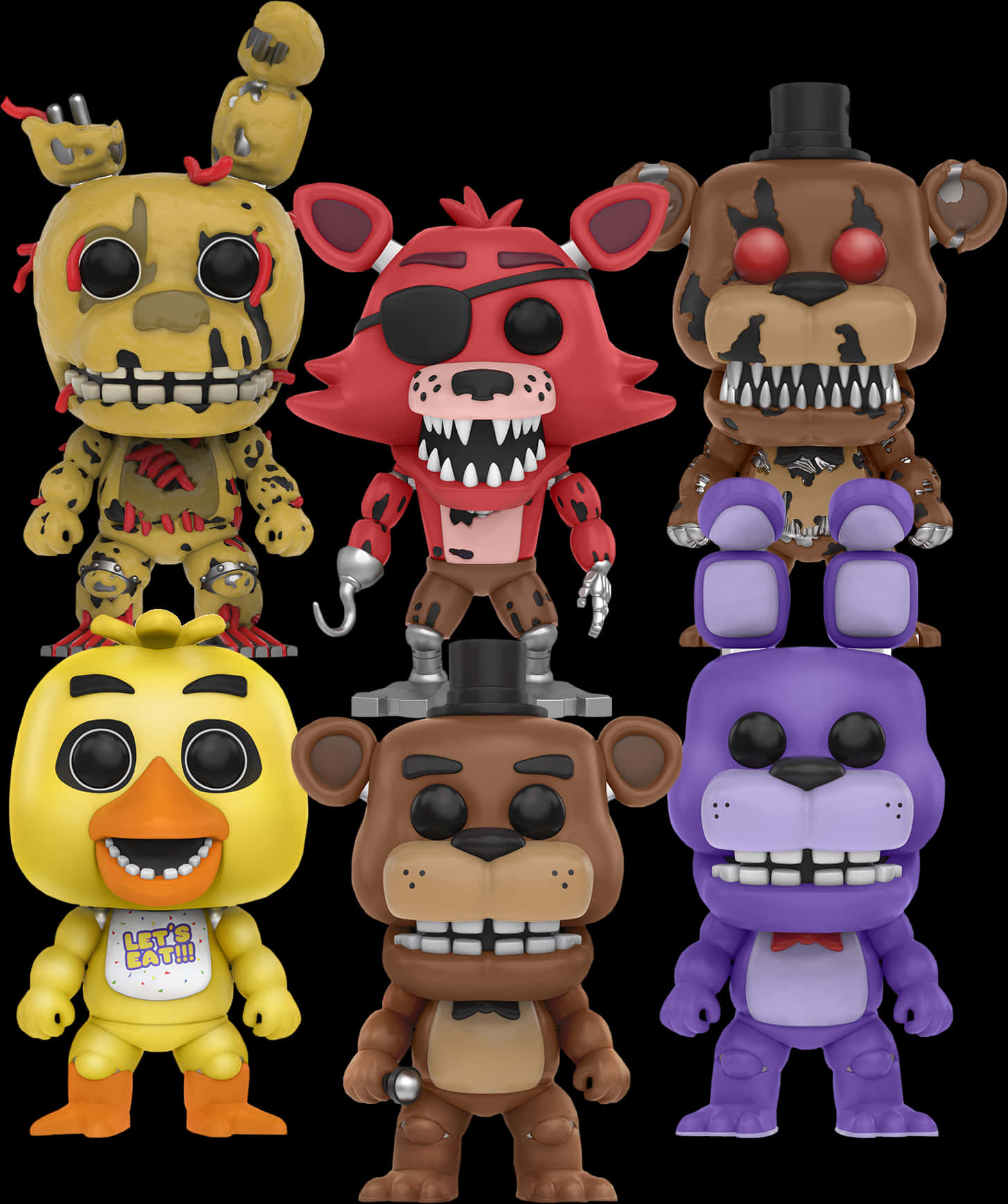 佛萊迪餐館之五夜驚魂 桌布 壁紙 — 六個 Funko Pop! 的 Five Nights at Freddy's 角色公仔排成兩行，背景為黑色。