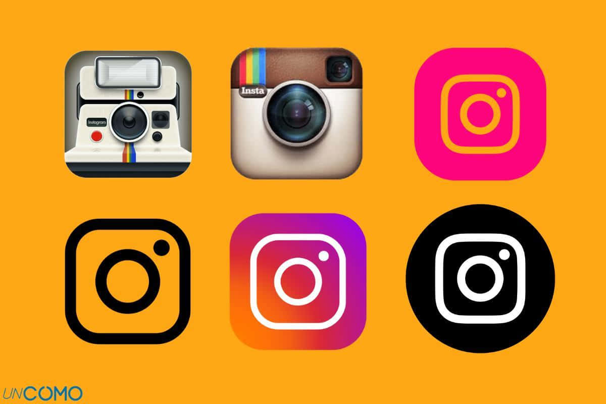 Instagram Black Logo 桌布 壁紙 — 六個 Instagram 標誌變體顯示在充滿活力的橙色背景上，展示不同的設計風格和配色方案。