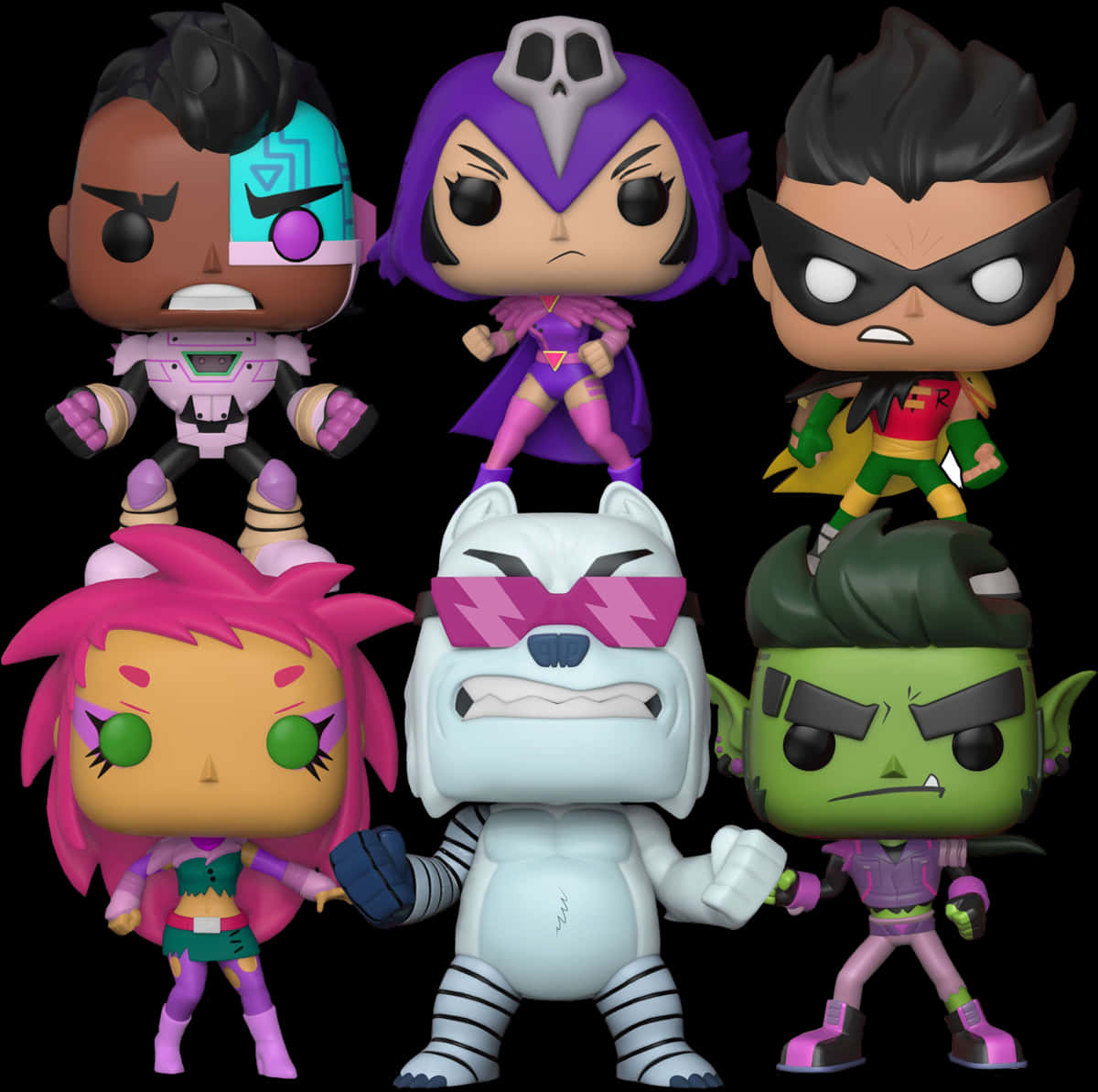 Teen Titans Go Raven 桌布 壁紙 — 六個 Teen Titans 角色的 Funko Pop! 人偶在黑色背景前擺姿勢，色彩大膽，表情憤怒。