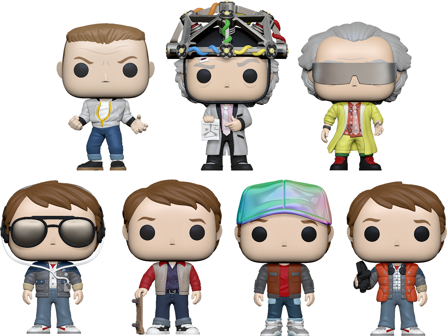 回到未來 桌布 壁紙 — 六個《回到未來》角色的 Funko Pop 人偶在黑色背景前擺姿勢。