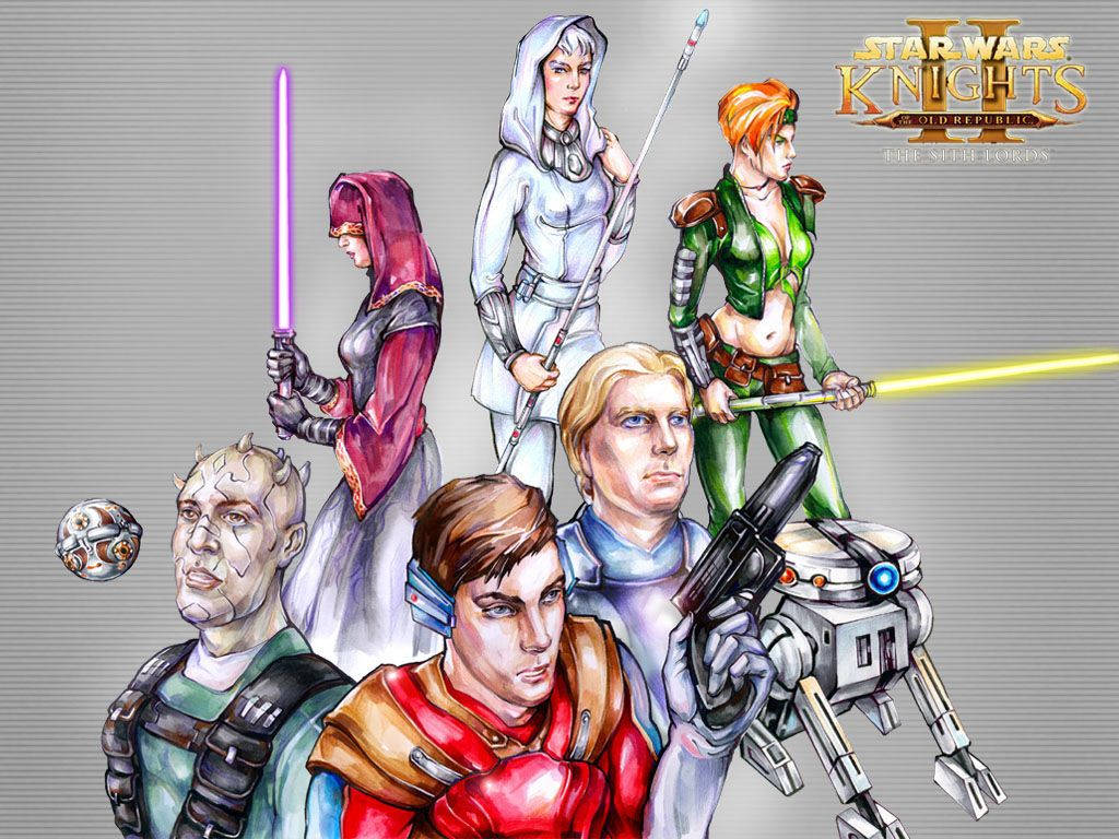 Star Wars Characters 桌布 壁紙 — 六個《星際大戰：舊共和國武士》角色手持光劍和爆能槍，站在灰色條紋背景前。