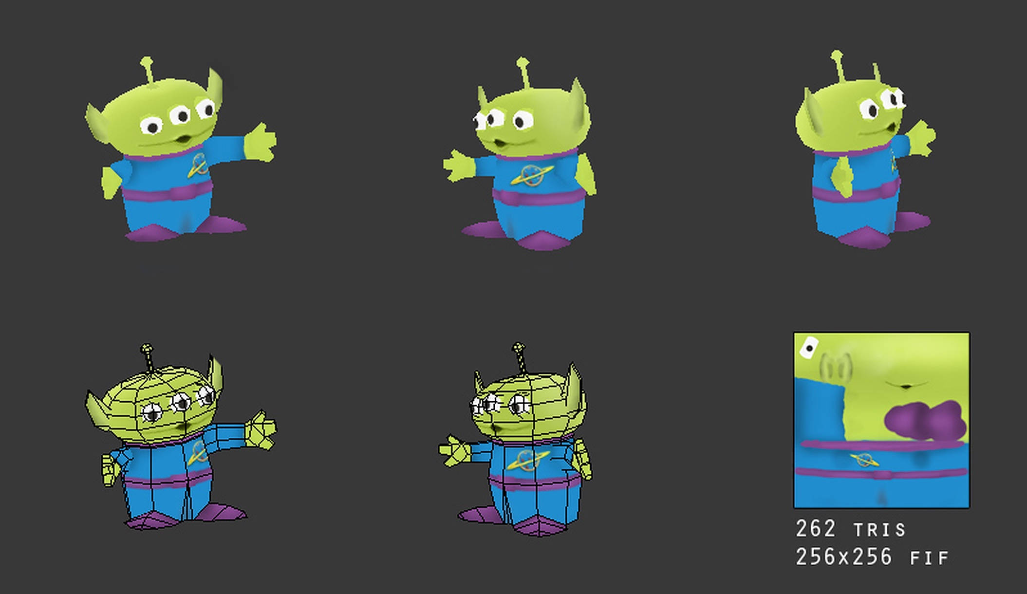 Toy Story Alien 桌布 壁紙 — 六個3D渲染的綠色外星人角色穿著藍色套裝，在深灰色背景前擺姿勢，其中一個有線框視圖。
