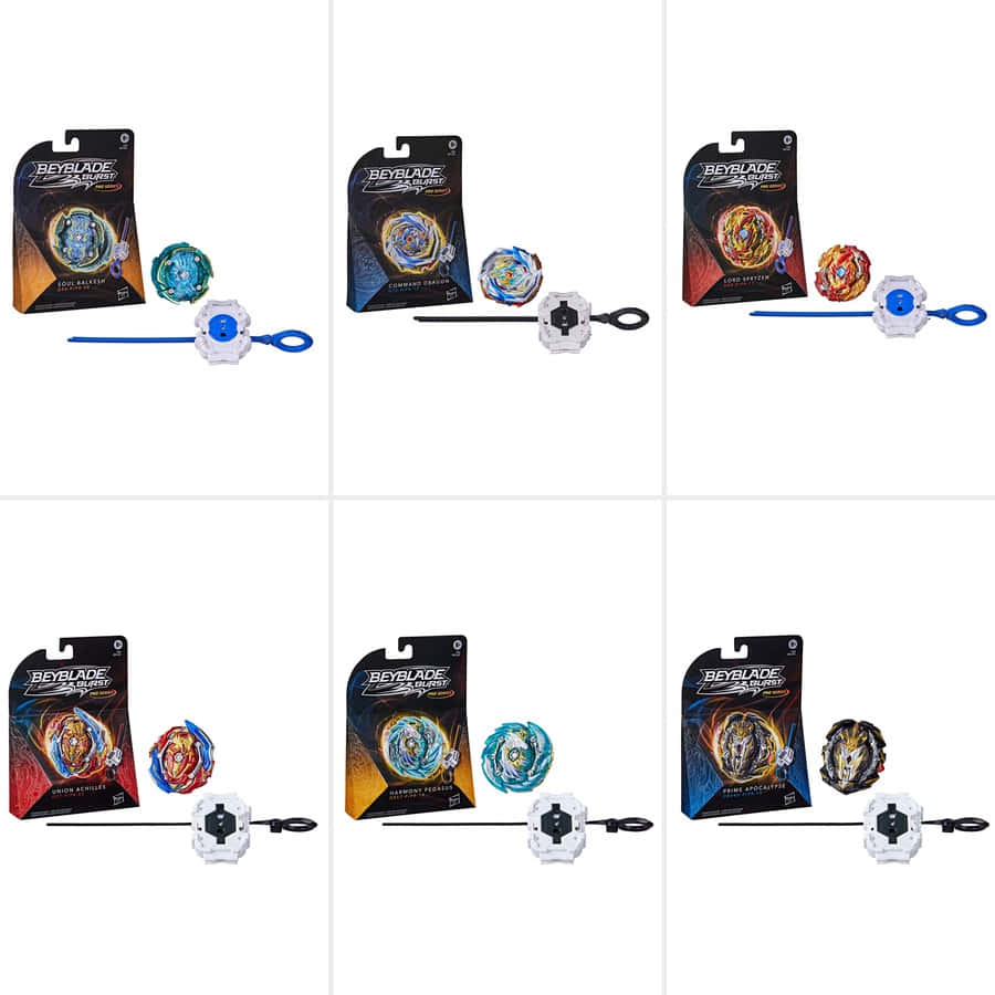 戰鬥陀螺爆裂 桌布 壁紙 — 六個Beyblade Burst入門套裝連同包裝和發射器展示在潔白背景上。