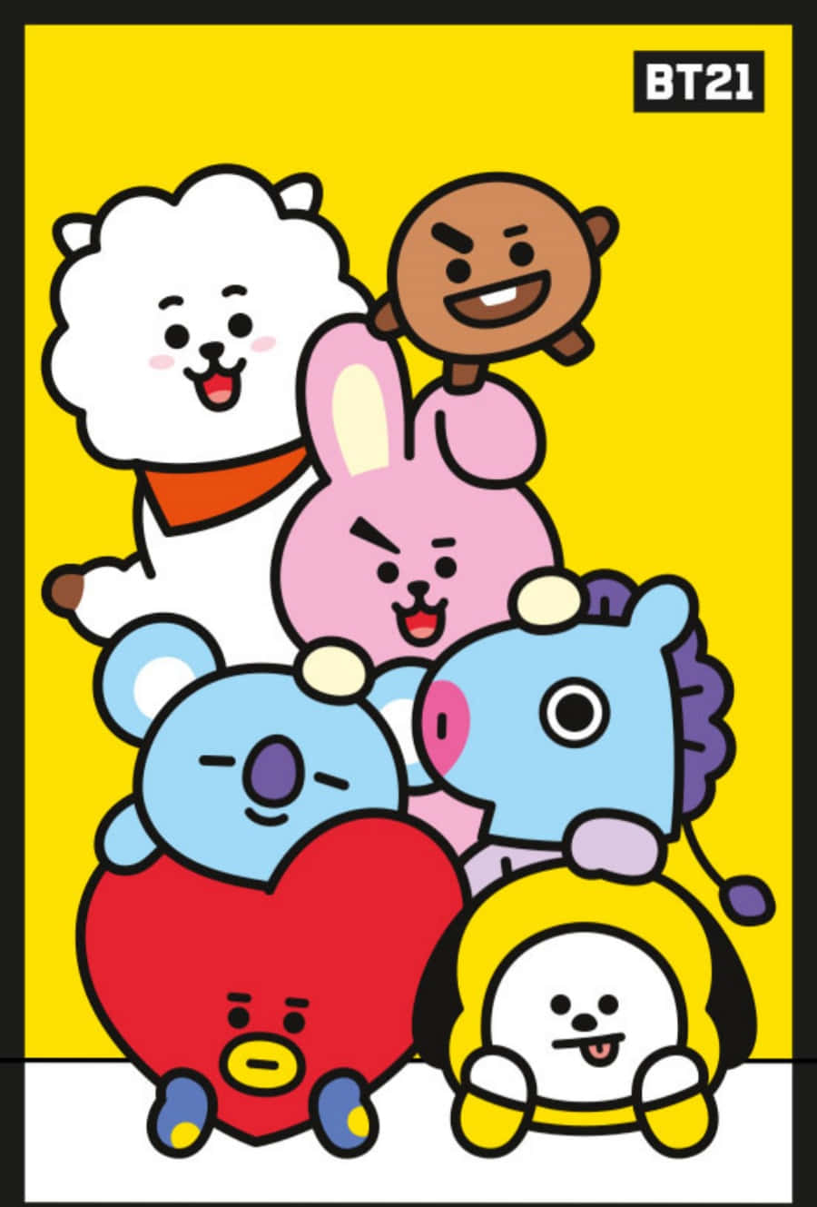 BT21 桌布 壁紙 — 六個BT21卡通角色，帶有粗線條和鮮豔色彩，在純黃色背景前愉快地擺姿勢。