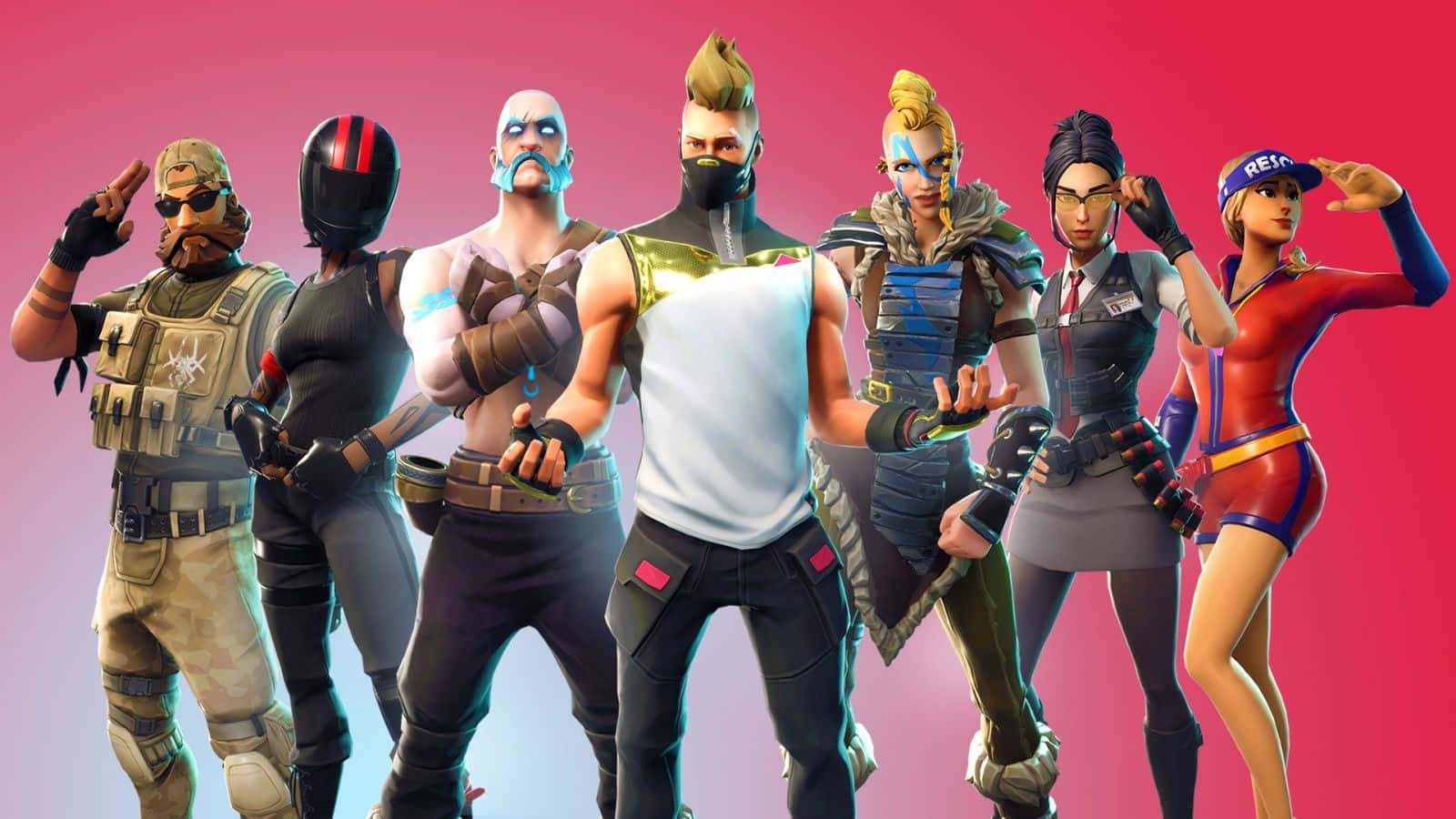 Fortnite Cool 桌布 壁紙 — 六個Fortnite角色穿著色彩繽紛的服裝，在充滿活力的粉紅色漸變背景前自信地擺姿勢。