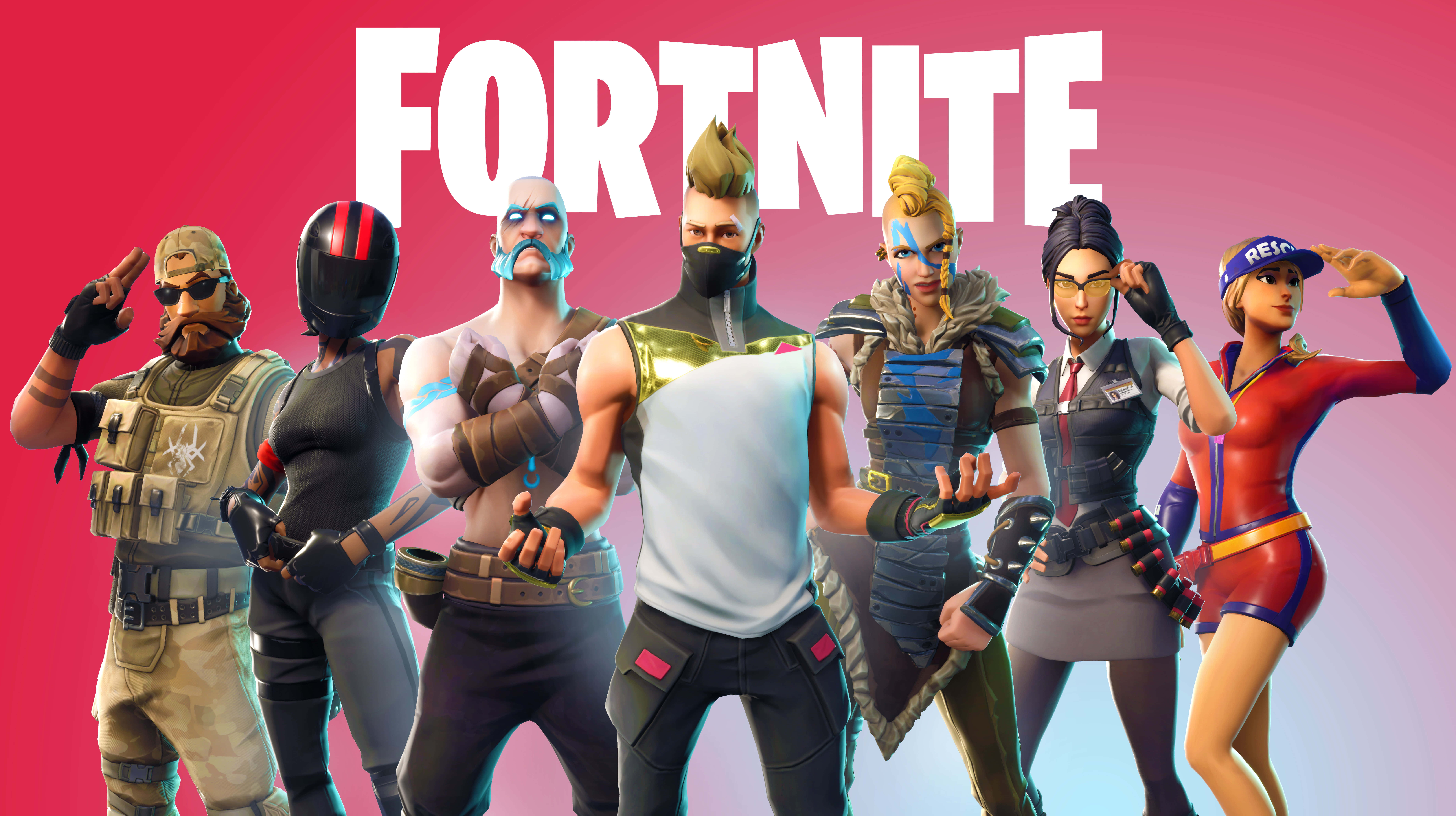 PC 遊戲 桌布 壁紙 — 六個Fortnite角色穿著色彩繽紛的服裝，在粉紅色漸變背景上自信地擺姿勢，遊戲標題在上方。