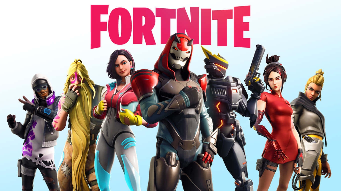 桌布 壁紙 — 六個Fortnite角色穿著色彩繽紛的未來風格服裝，在淺藍色漸變背景上自信地擺出姿勢，遊戲標誌在上方。