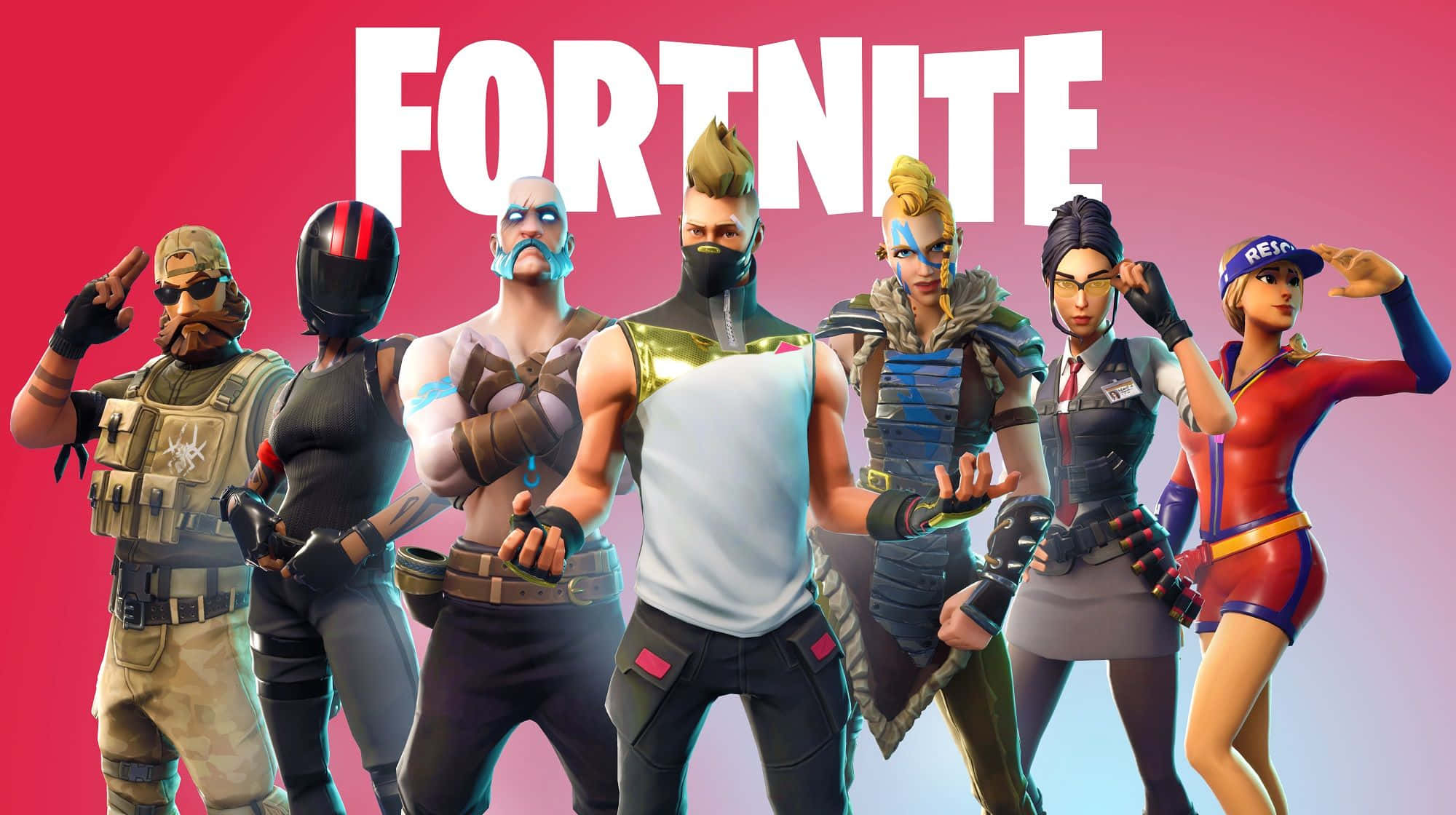 Fortnite Character 桌布 壁紙 — 六個Fortnite角色穿著色彩繽紛的服裝，在漸變粉紅色背景前自信地擺姿勢，背景上有遊戲標誌。