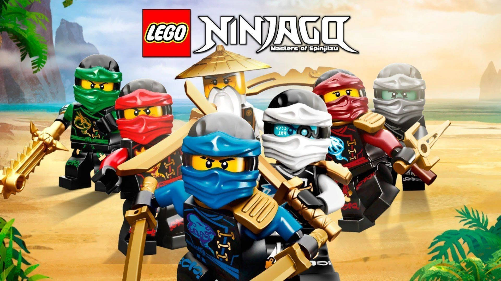 Ninjago 桌布 壁紙 — 六個LEGO Ninjago角色穿著色彩繽紛的忍者裝備，手持金色武器，站在有熱帶植物的沙灘上。