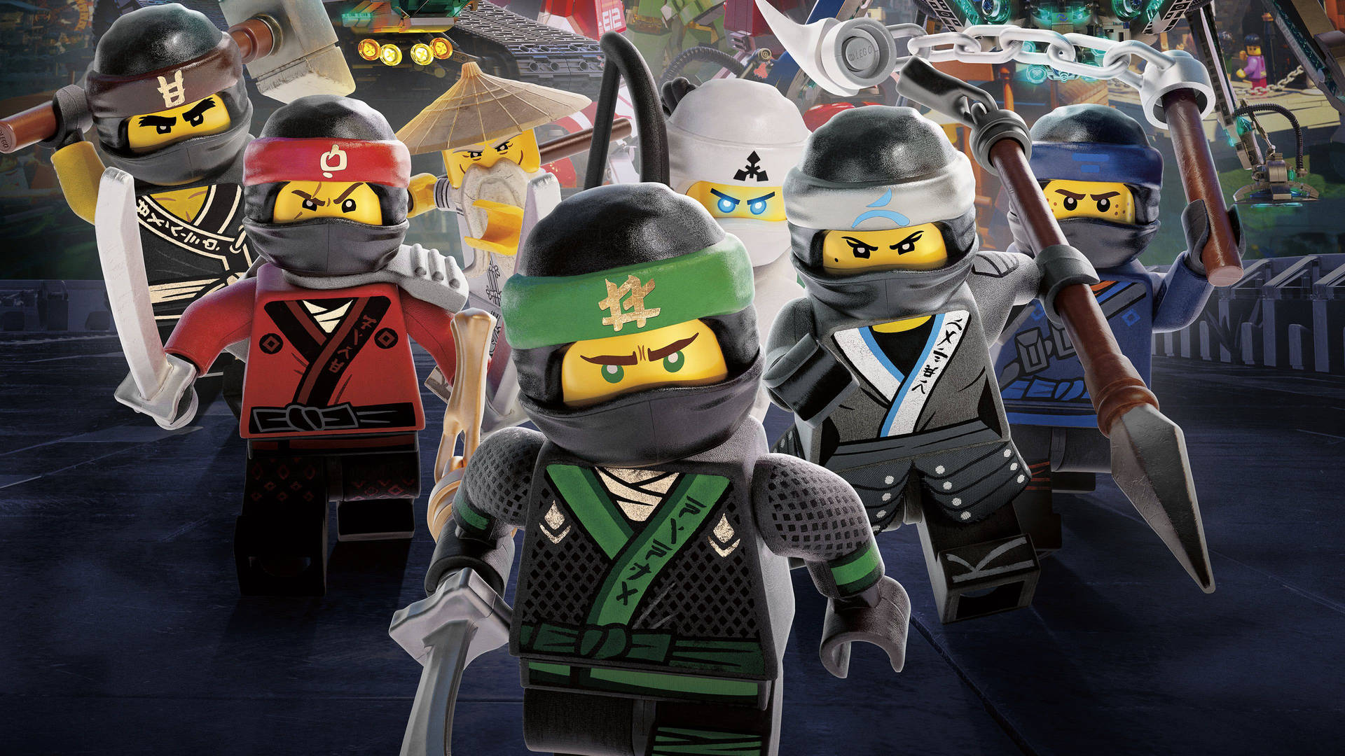 LEGO Ninjago忍者身穿戰鬥裝備在黑暗競技場中手持武器。 — 忍者 壁紙