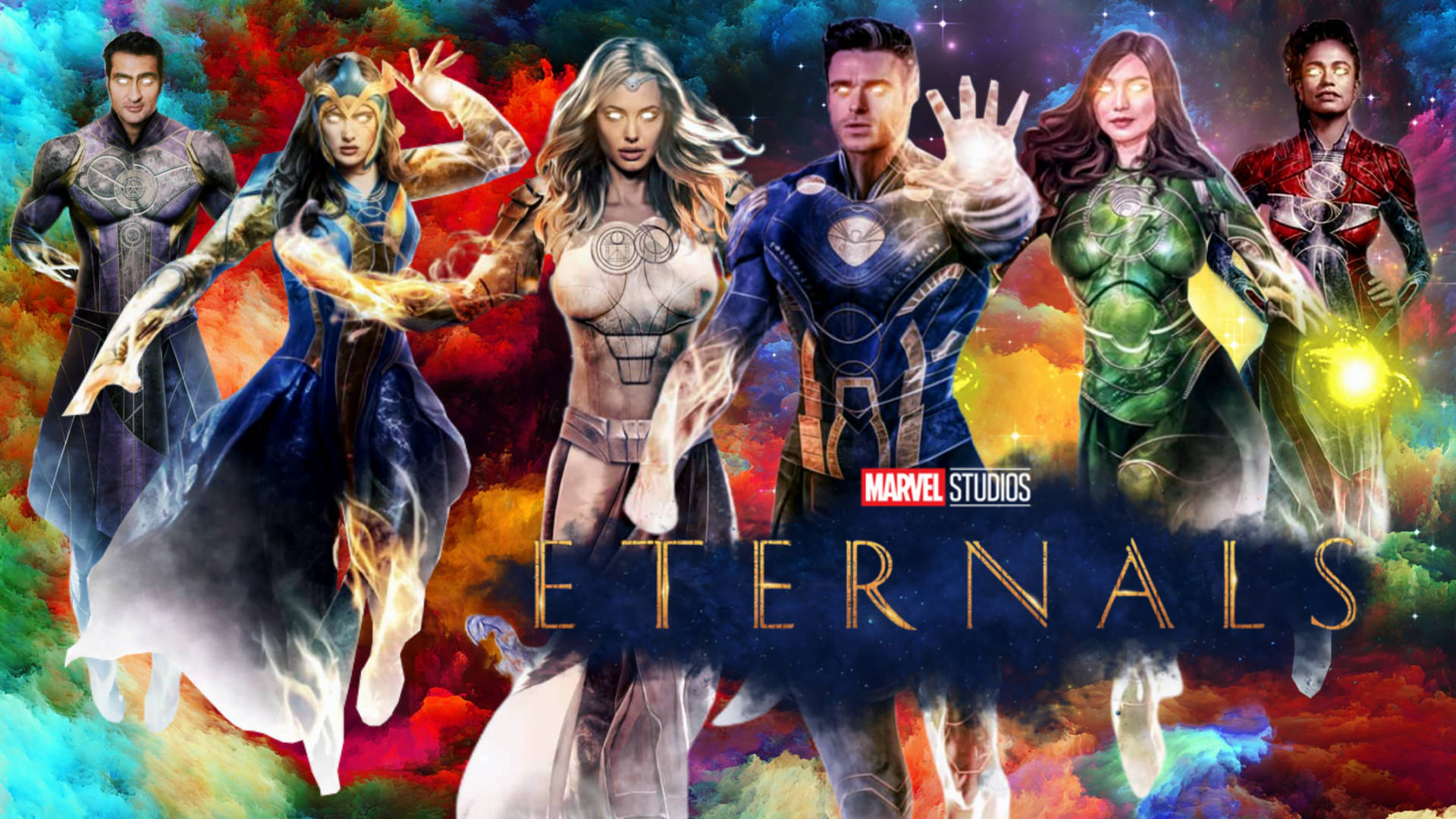 Eternals 桌布 壁紙 — 六個Marvel Eternals超級英雄在宇宙星雲背景下動態漂浮，帶有發光能量效果。