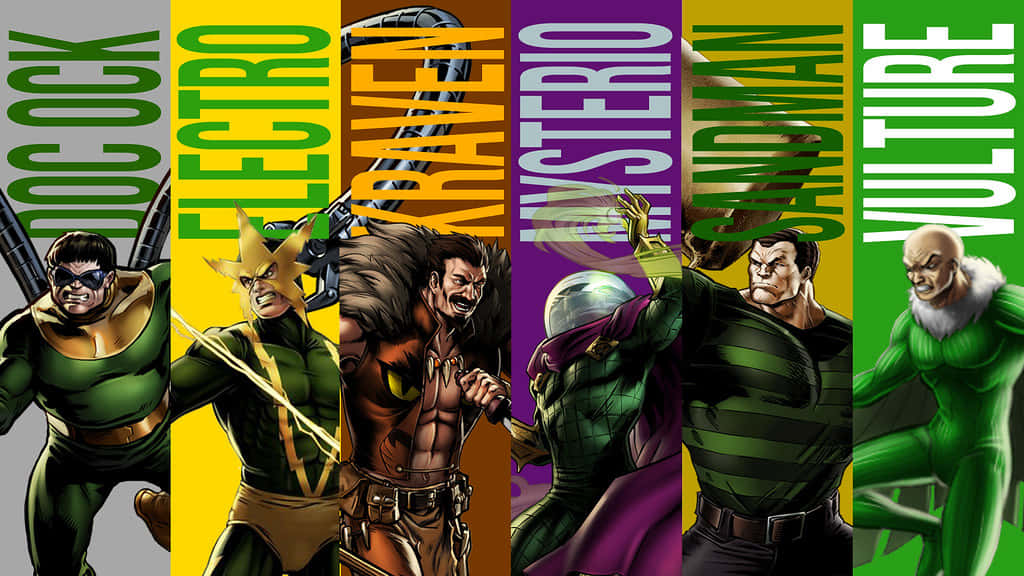 Sinister Six 桌布 壁紙 — 六個Marvel反派排成一排，各自站在彩色背景前，上方有他們的名字。