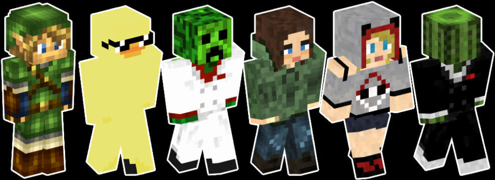 Minecraft Character 桌布 壁紙 — 六個Minecraft風格像素角色排成一排，背景為黑色，每個角色都有獨特的服裝和表情。