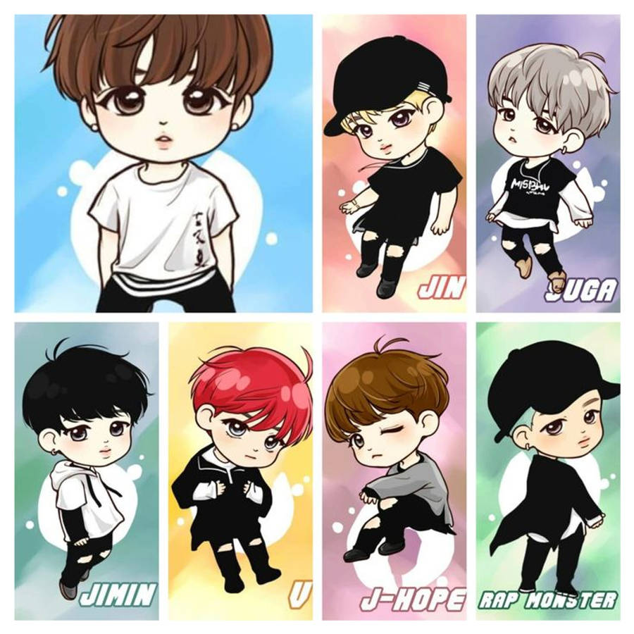 BTS 桌布 壁紙 — 六個Q版風格的K-pop偶像，每個都在彩色圓圈內，下方附有名字。