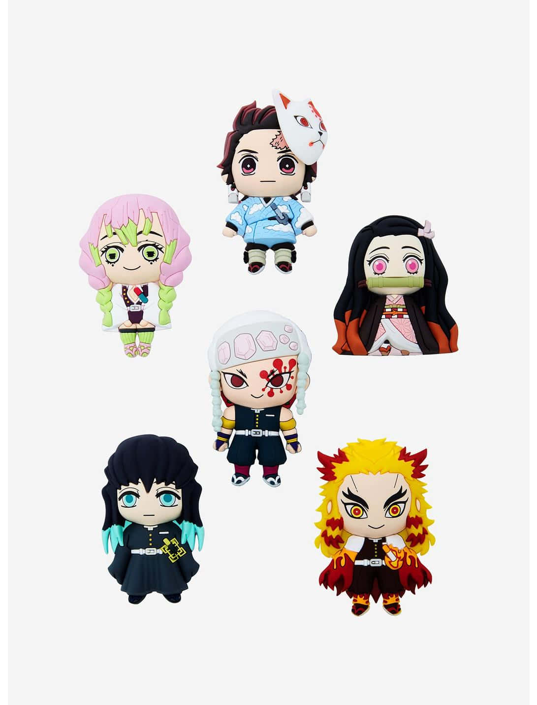 Demon Slayer Characters 桌布 壁紙 — 六個Q版風格的鬼滅之刃角色，以彩色橡膠人偶形式呈現，背景為純白色。