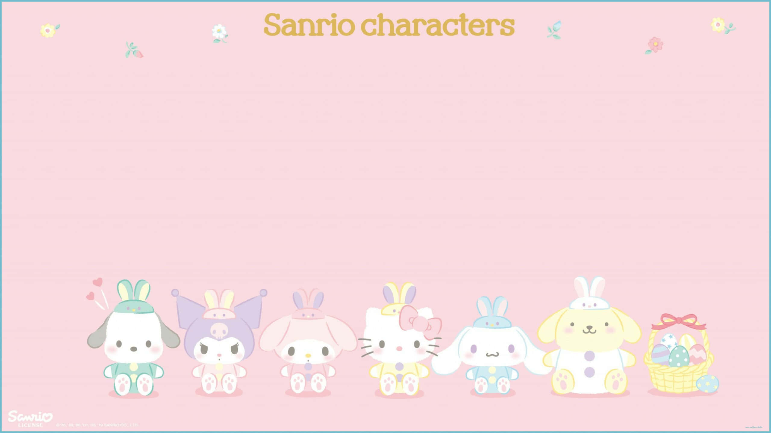 sanrio 桌布 壁紙 — 六個Sanrio角色穿著粉彩復活節服裝，坐在帶有花卉裝飾的柔和粉紅色背景上排成一排。