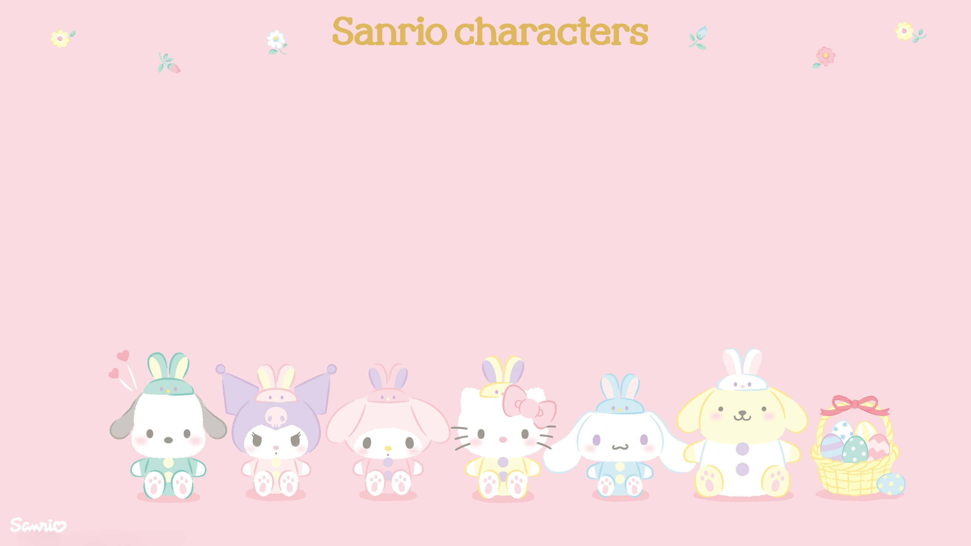 sanrio 桌布 壁紙 — 六個Sanrio角色穿著粉彩復活節服裝，坐在帶有花卉裝飾的柔和粉紅色背景上排成一排。