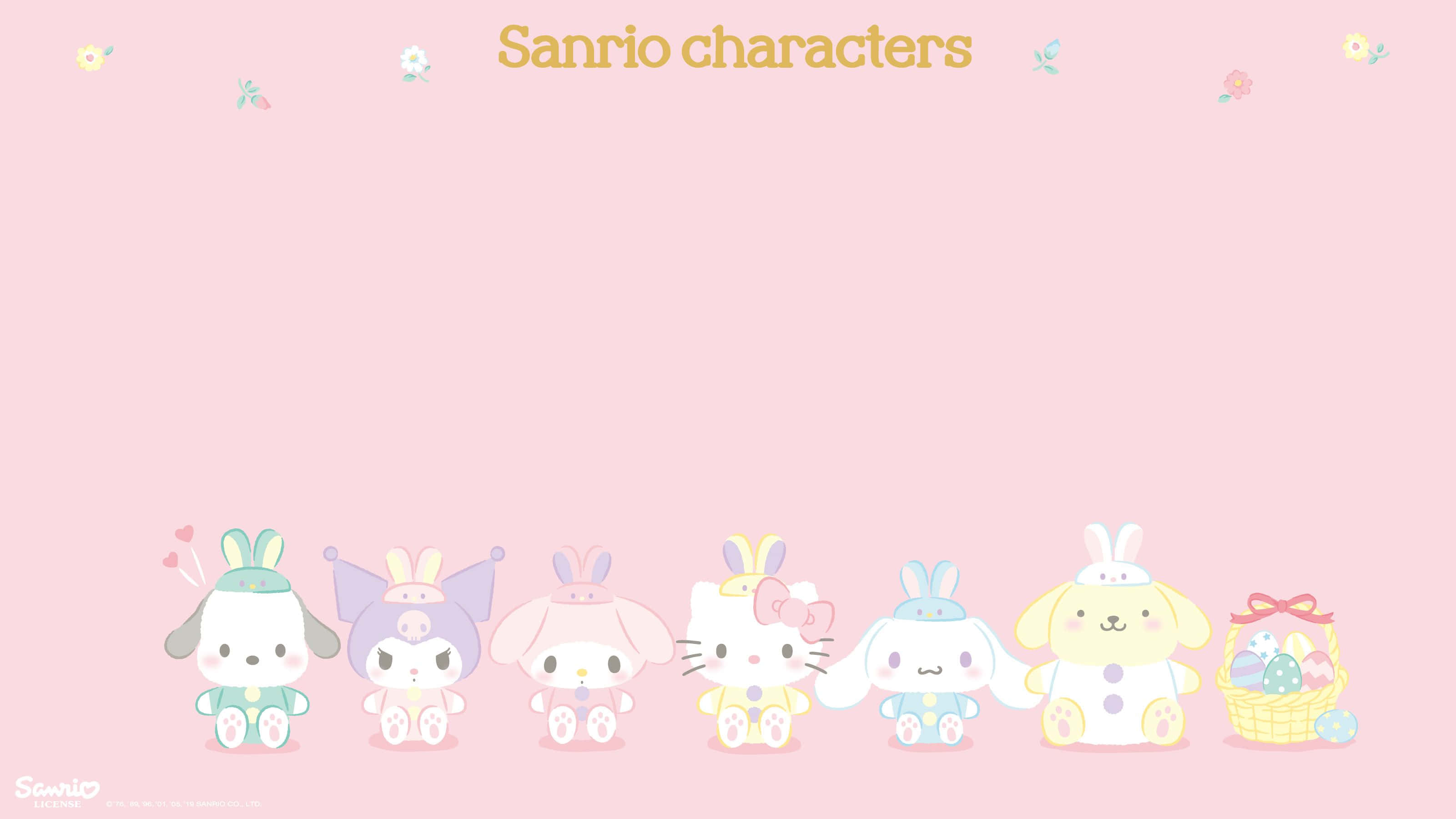 Cinnamoroll Laptop 桌布 壁紙 — 六個Sanrio角色穿著粉彩復活節服裝，坐在帶有花卉裝飾的柔和粉紅色背景上排成一排。